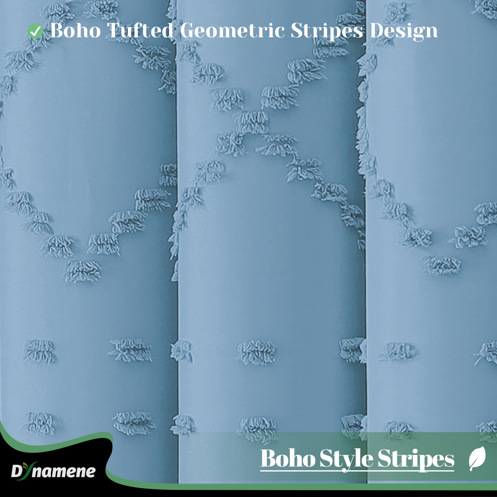 Dynamene Moonlight Blue Fabric Shower Curtain, Boho Tufted Geometric Striped Tassel Bathroom Shower Curtain, Shabby Chic Texture