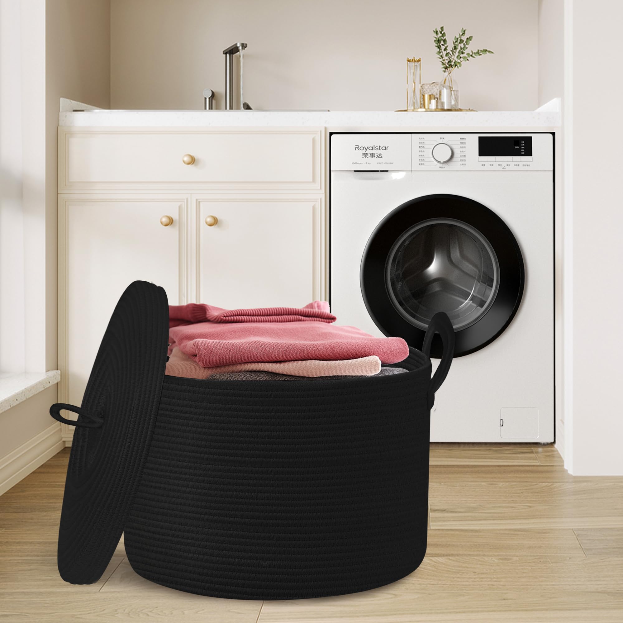 Honcesta 18'' X 14'' Large Black Basket With Lid, Cotton Rope Storage Basket For Blanket, Toy, Pillow, Towel, Living Room Bedroo
