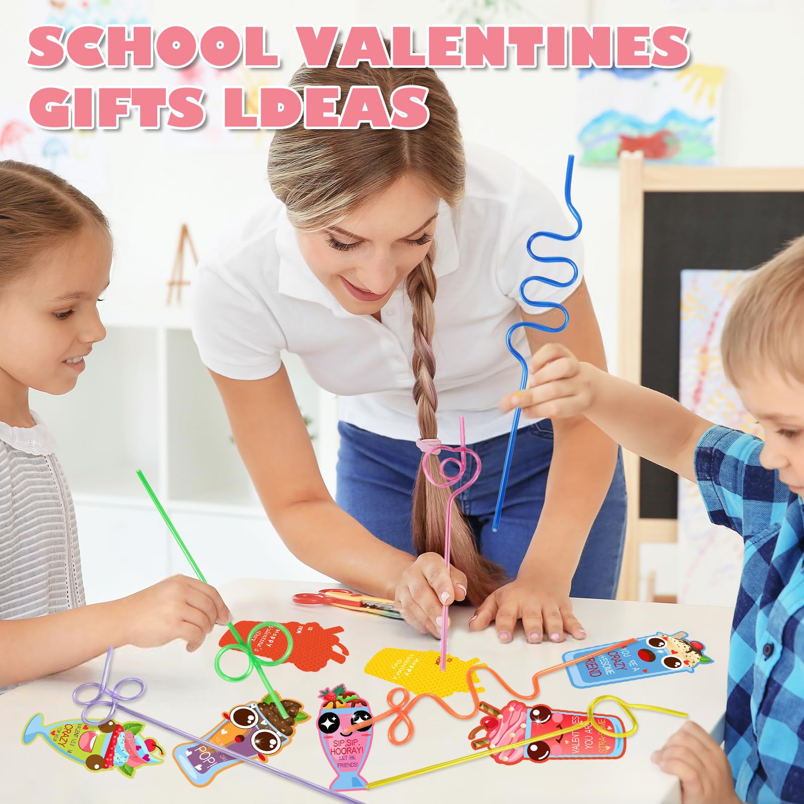 Qlinleaf 28 Pack Valentines Day Gift Cards With Colorful Loop Reusable Drinking Straws Valentine Classroom Gift Exchange Prizes