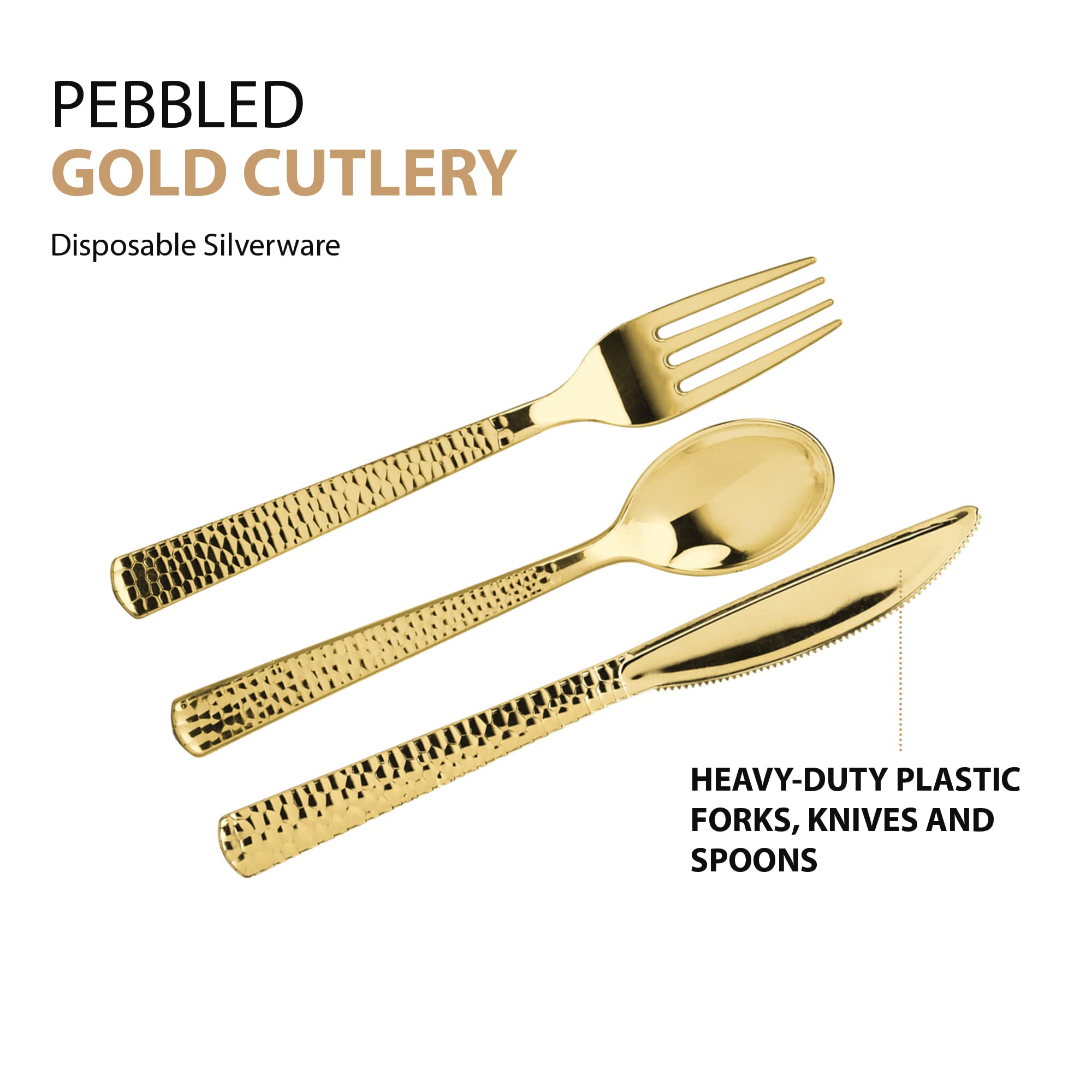 Plastic Cutlery Silverware Extra Heavyweight Disposable Flatware, Full Size Cutlery Combo, Gold Pebbled, 80 Forks, 40 Spoons, 40
