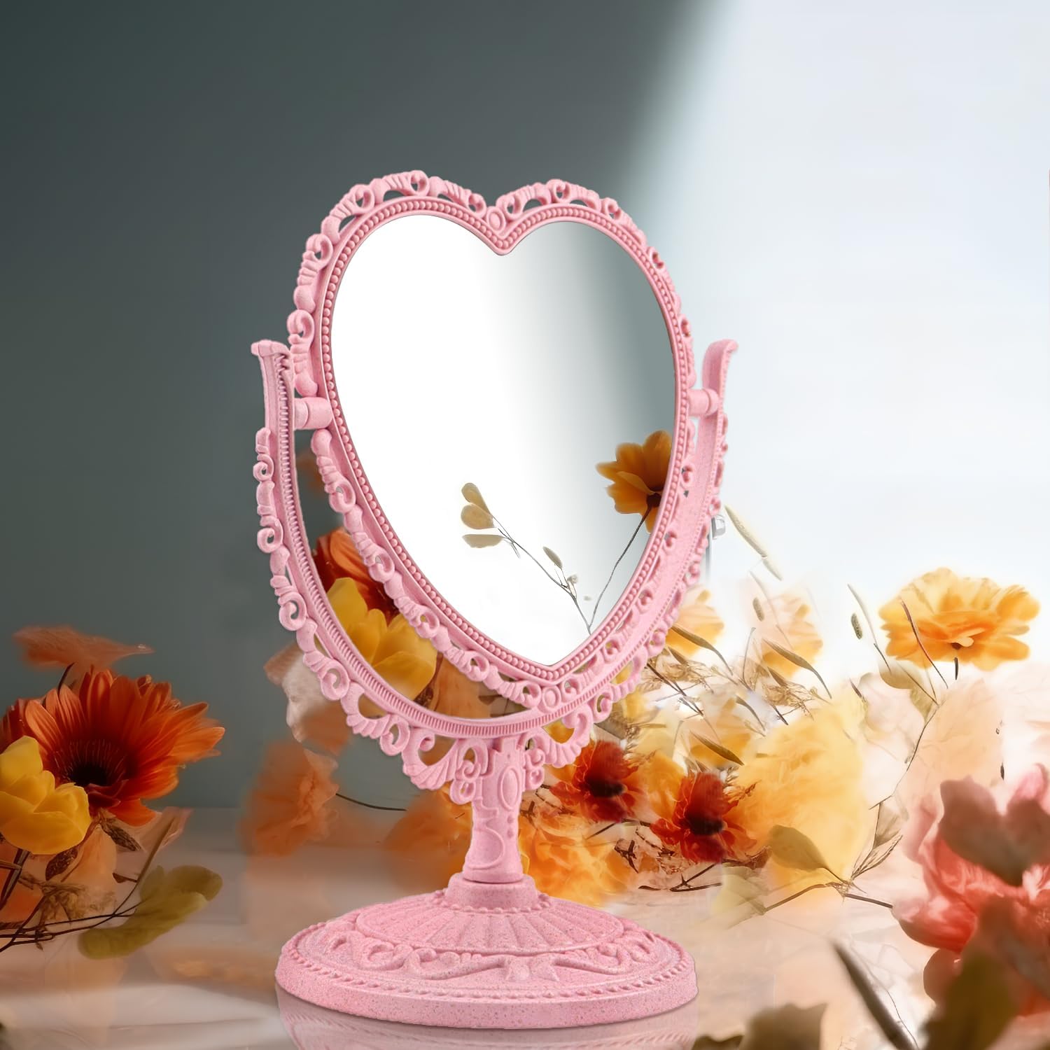 Qeeyon Pink Heart Vanity Mirror 360 Degree Swivel Makeup Mirror Aesthetic Mirror Double Sided Table Desk Countertop Mirror Stand