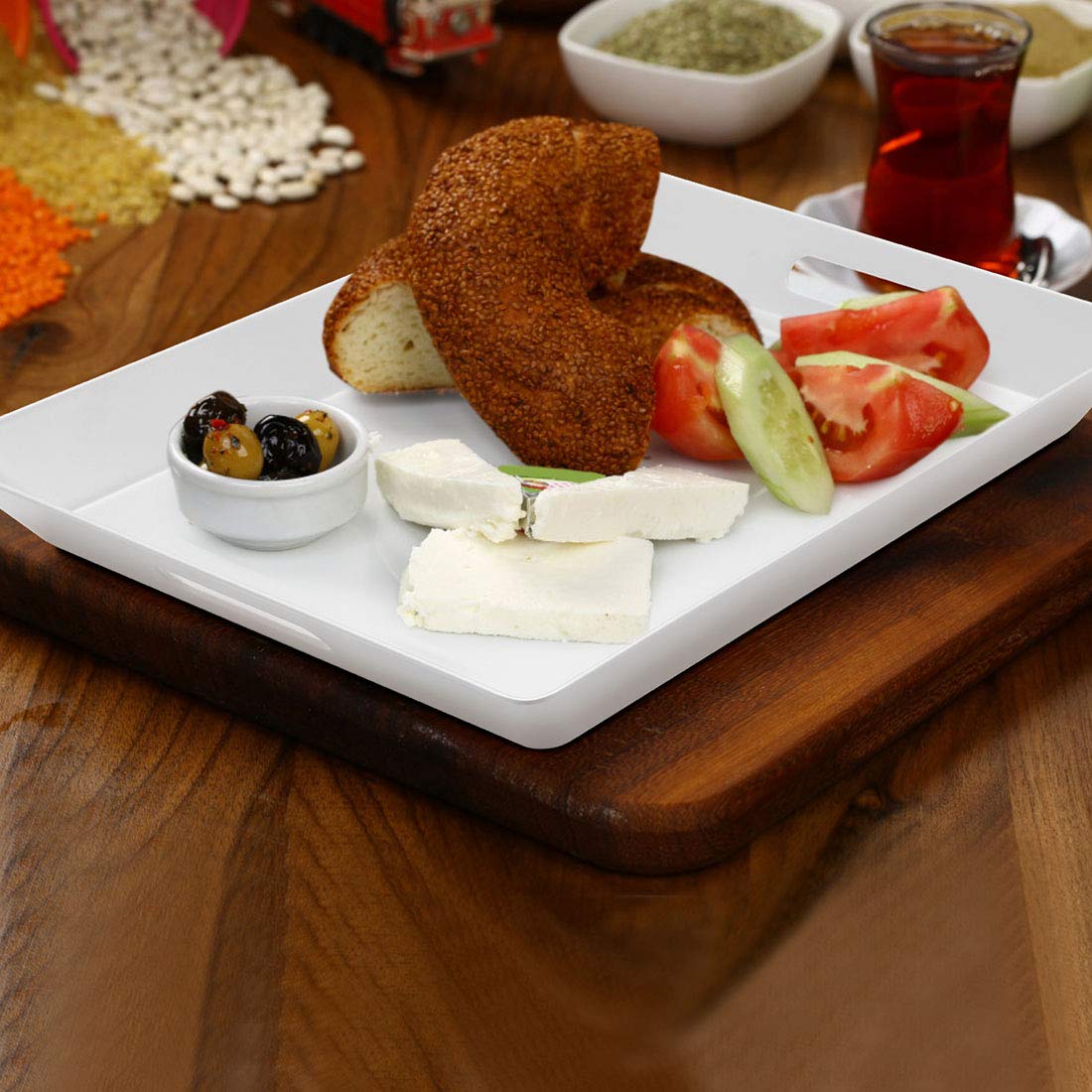 I Bkgoo White Large Tray,Melamine Serving Tray With Handles, Set Of 2 Rectangular Tray For Food Organizer,Breakfast, Lunch, Dinn