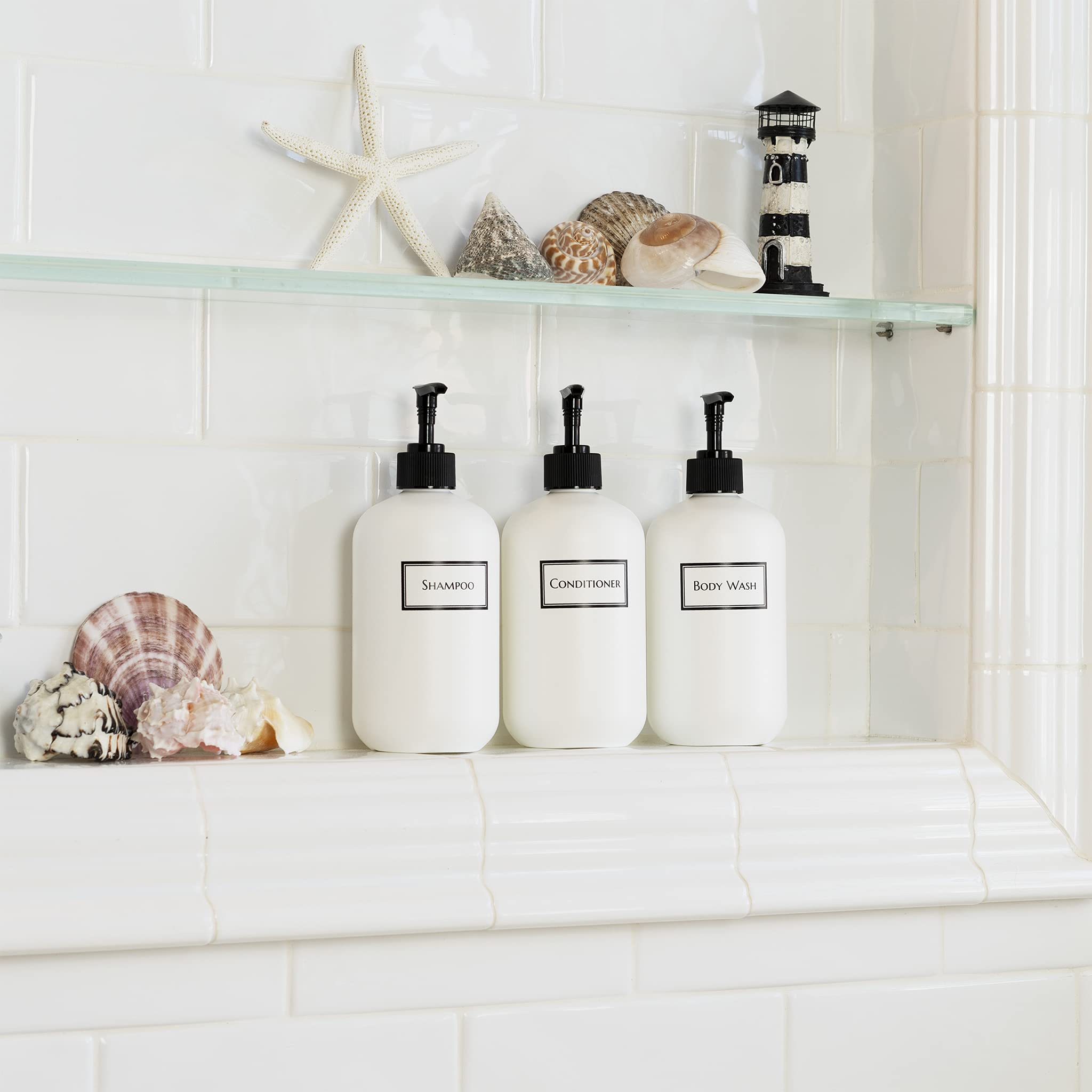 Artanis Home Silkscreened Empty Shower Bottle Set For Shampoo, Conditioner, And Body Wash, Squat 16 Oz 3-Pack, White (Black Pump