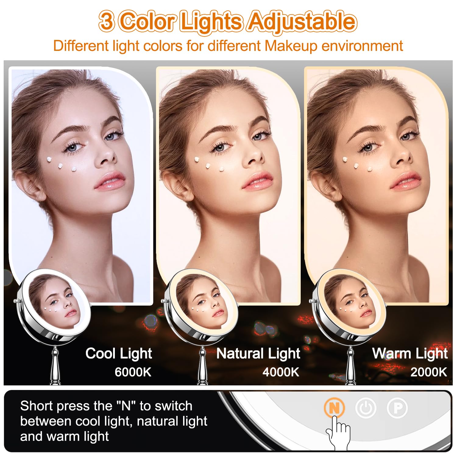 Lighted Makeup Mirror, 20X Magnifying Mirror With Light And 3 Colors, 9'' Tabletop Mirror With Stand And Adjustable Brightness,