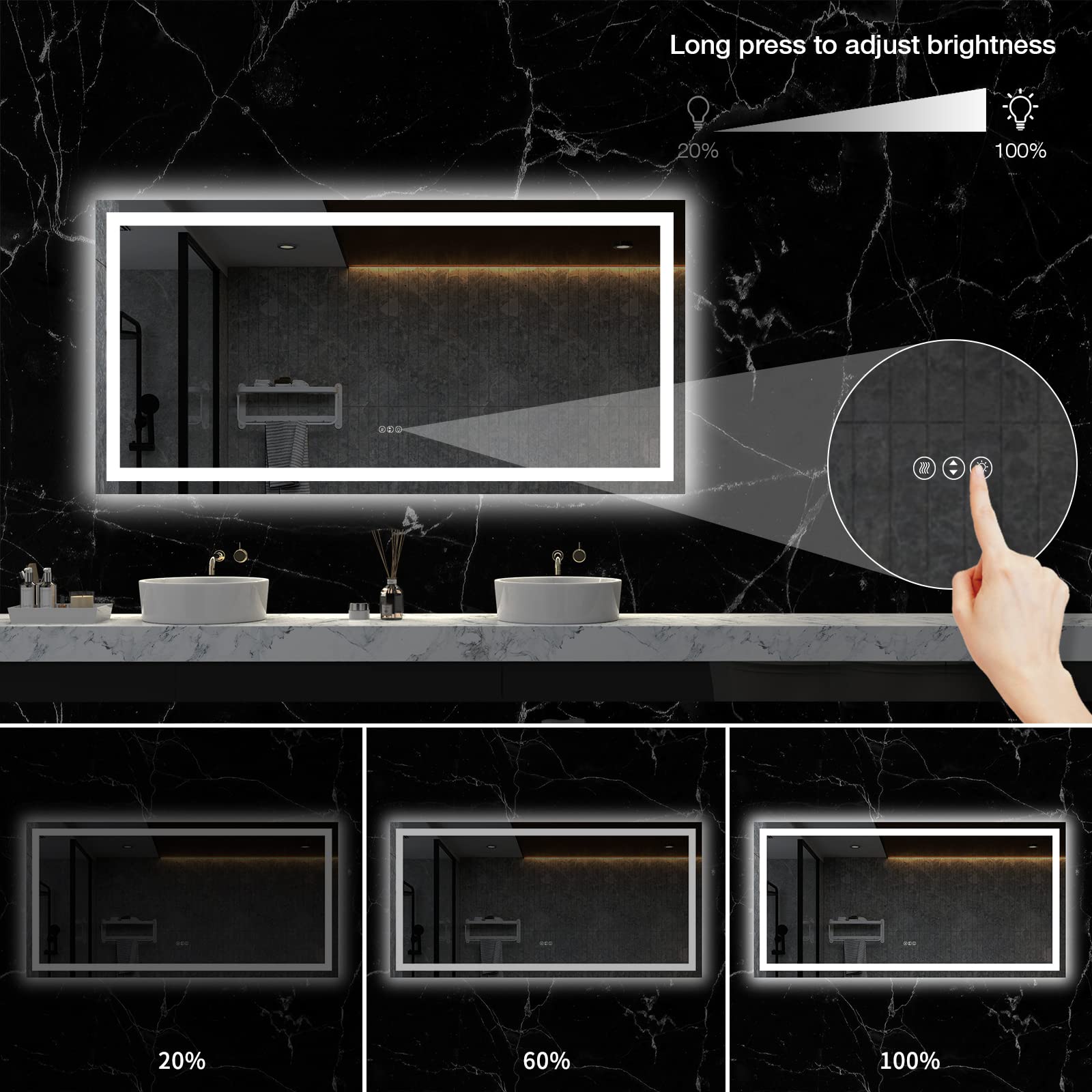 LOAAO 60X36 LED Bathroom Mirror with Lights  Anti-Fog  Dimmable  Backlit + Front Lit  Lighted Bathroom Vanity Mirror for Wall  Memory Function  Tempered Glass  ETL Listed