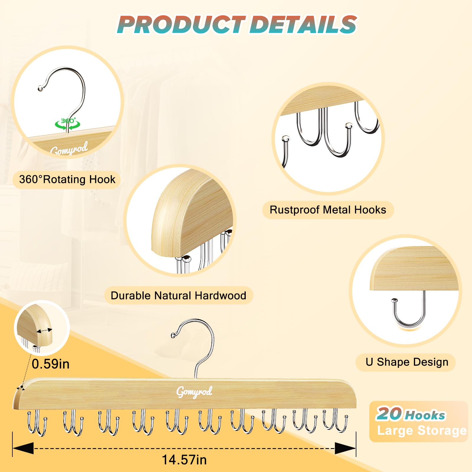 Gomyrod Bra Hanger For Closet, Tank Top Hanger W/20 Hooks Capacity Foldable Wood Space Saving Hangers, 360Rotating Closet Organi
