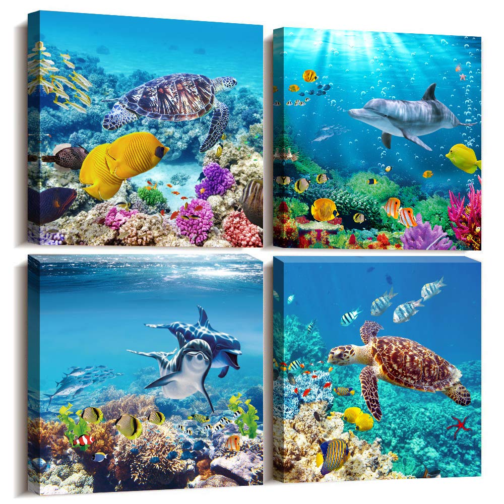 Mhartk66 Canvas Wall Art - Coral And Fish Modern Home Decor Stretched And Framed Ready To Hang Ocean Theme Sea Fish And Sea Turt