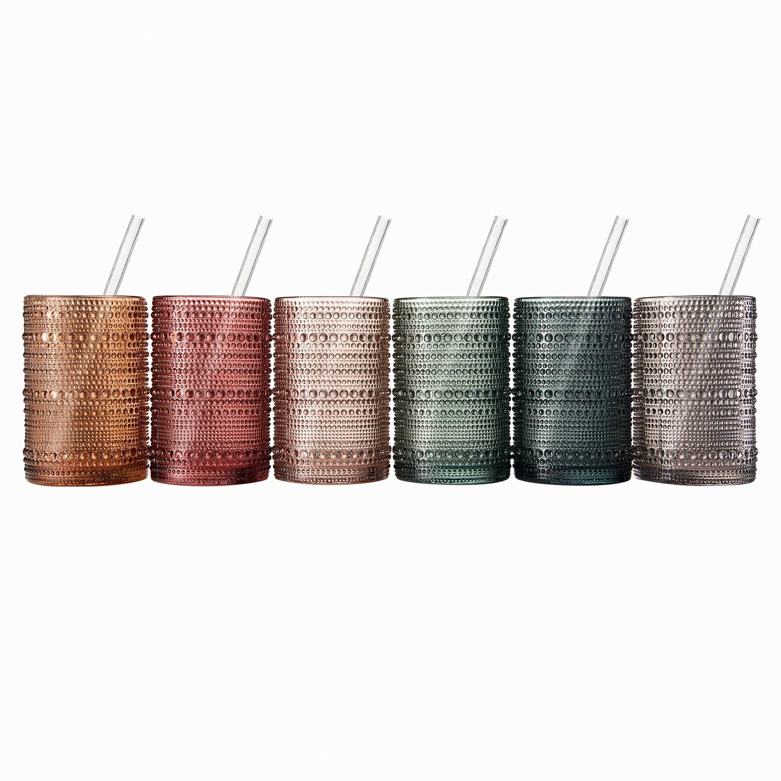 Khen Hobnail Drinking Glasses with Straws | Muted Colors | Set of 6