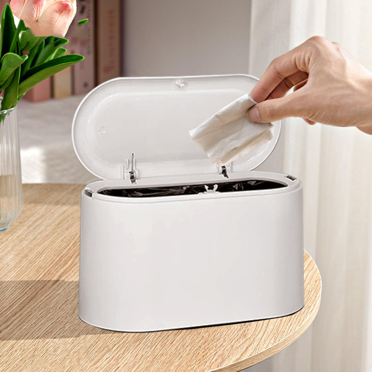 Mini Trash Can With Lid - Removable Small Garbage Can, Tiny Plastic Trash Bin, Pop Up Countertop Wastebasket, Counter Garbage Li