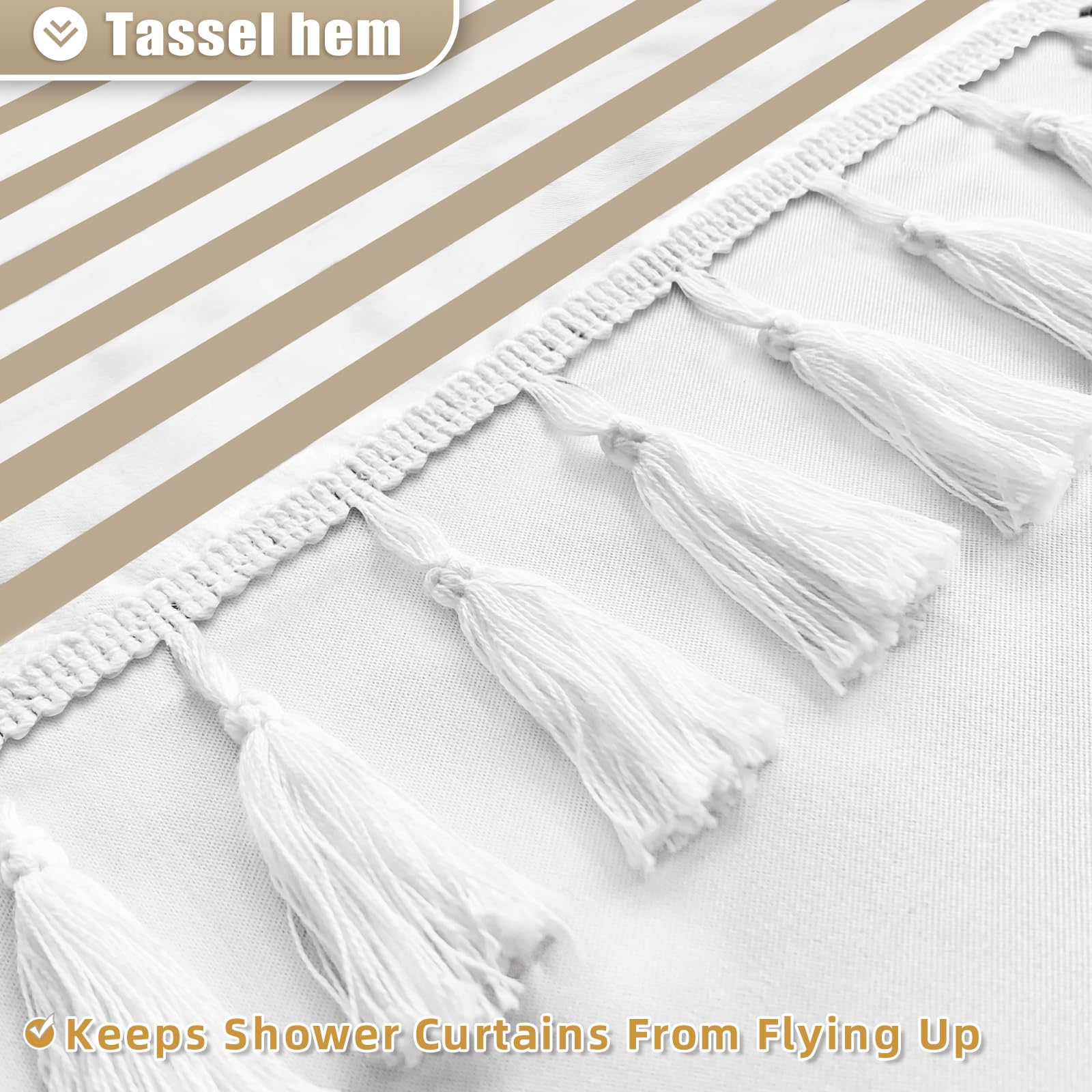 Beige Shower Curtain White Striped Tassel Shower Curtains For Bathroom Neutral Shower Curtain Set With Hooks, Water Repellent, W