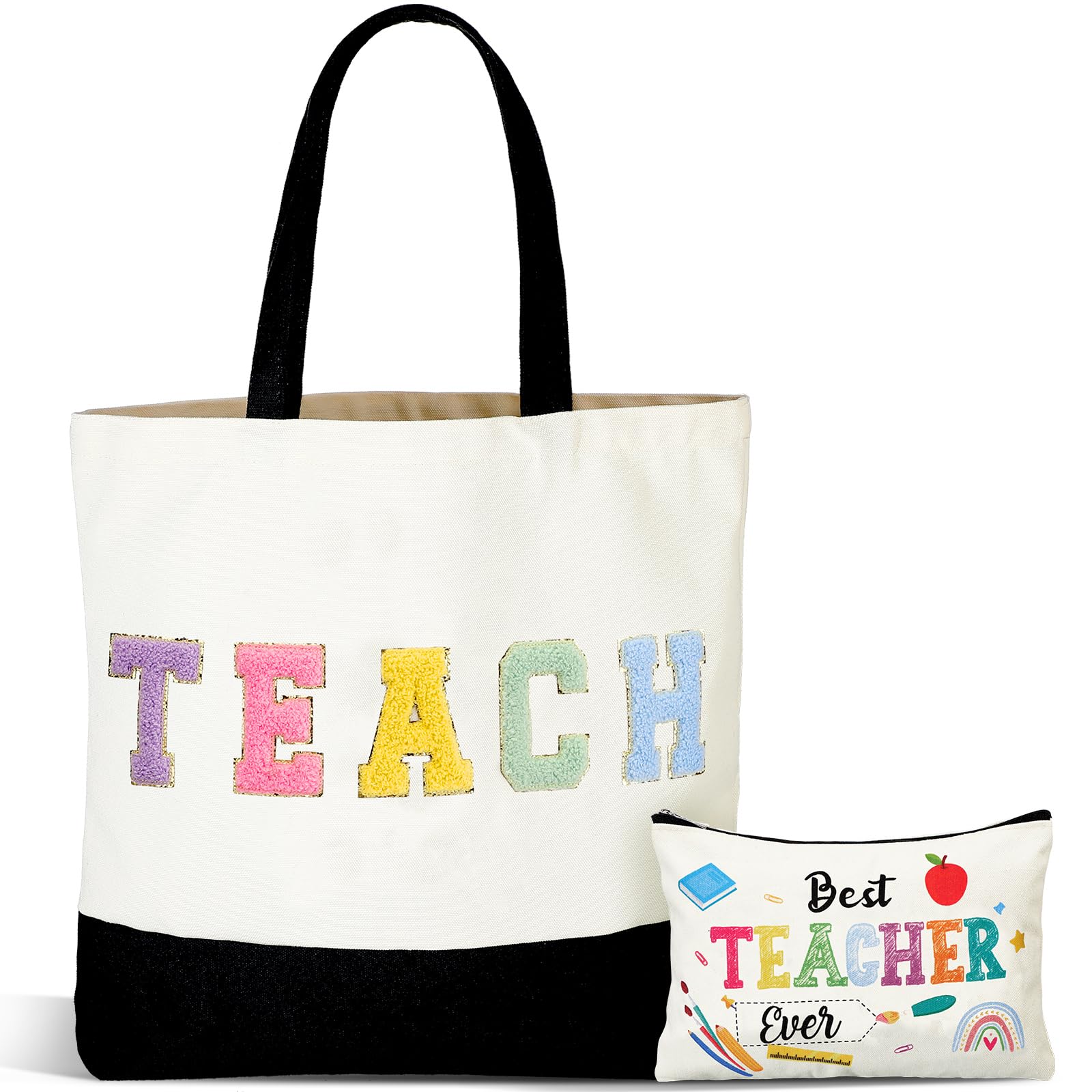 Buryeah 2 Pcs Teacher Appreciation Gift Canvas Tote Bag with Makeup Bag Thank You Teacher Tote for Women Graduation(Letter)