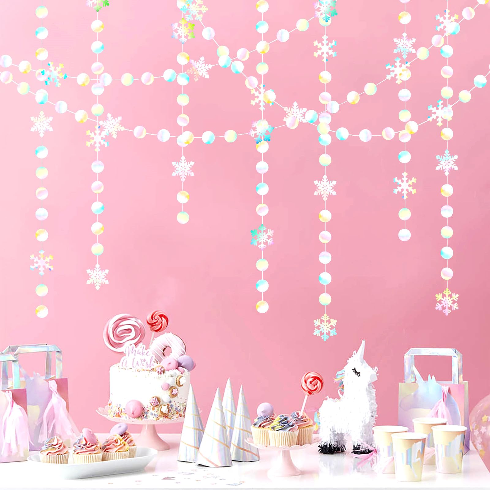 Iridescent-Holographic Christmas Party-Decorations Snowflake-Snow Garland - 61Ft Winter Wonderland Frozen Hanging Paper Streamer