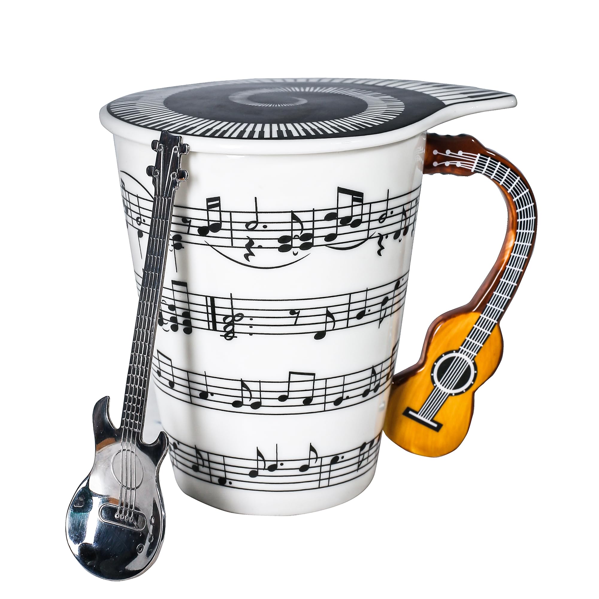 Guitar Novelty Mug Unique Musical Gift Coffee Cup with Cool Music Themed Lid & Guitar Handle Design & Guitar Spoon, Great Gifts