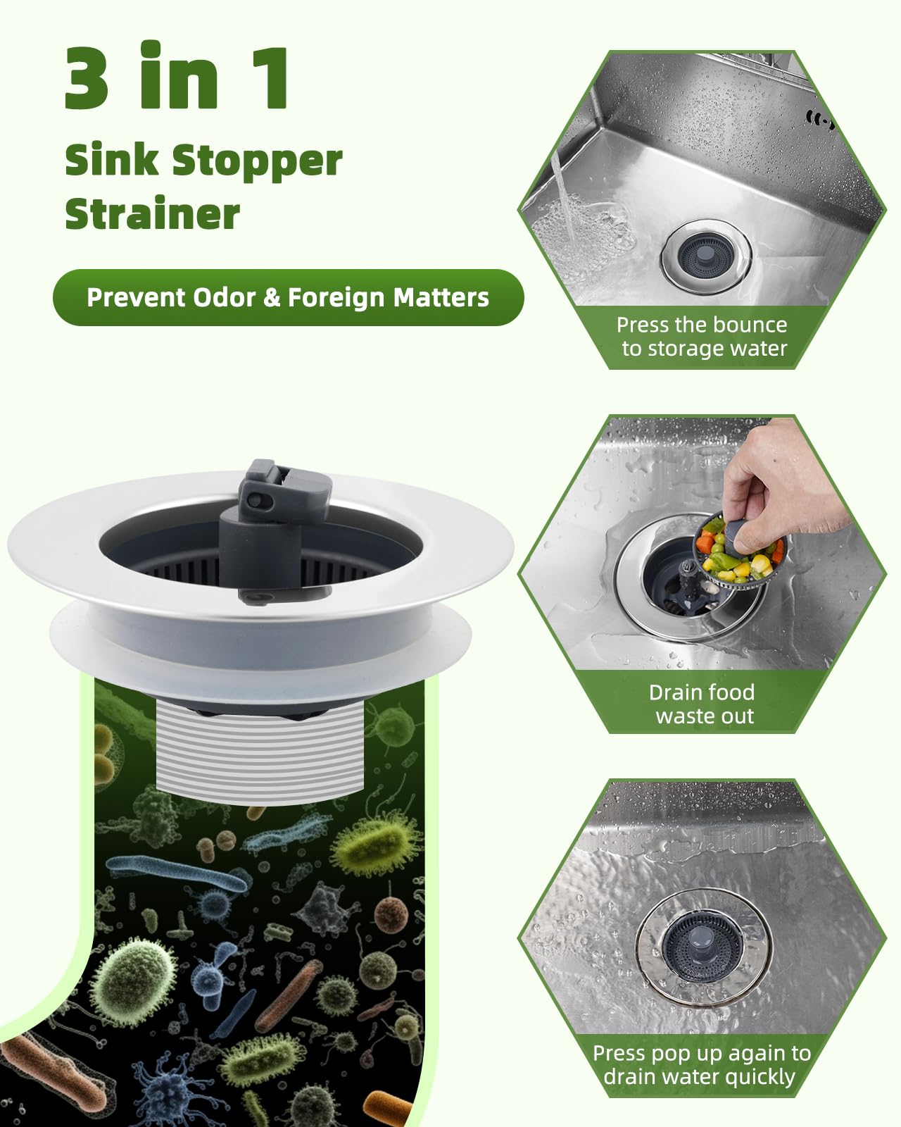 Hygie Rinse 3-In-1 Kitchen Sink Strainer Stopper, 2Pcs Universal Pop Up Sink Drainer With Upgrade Folded Handle, For Us Standard