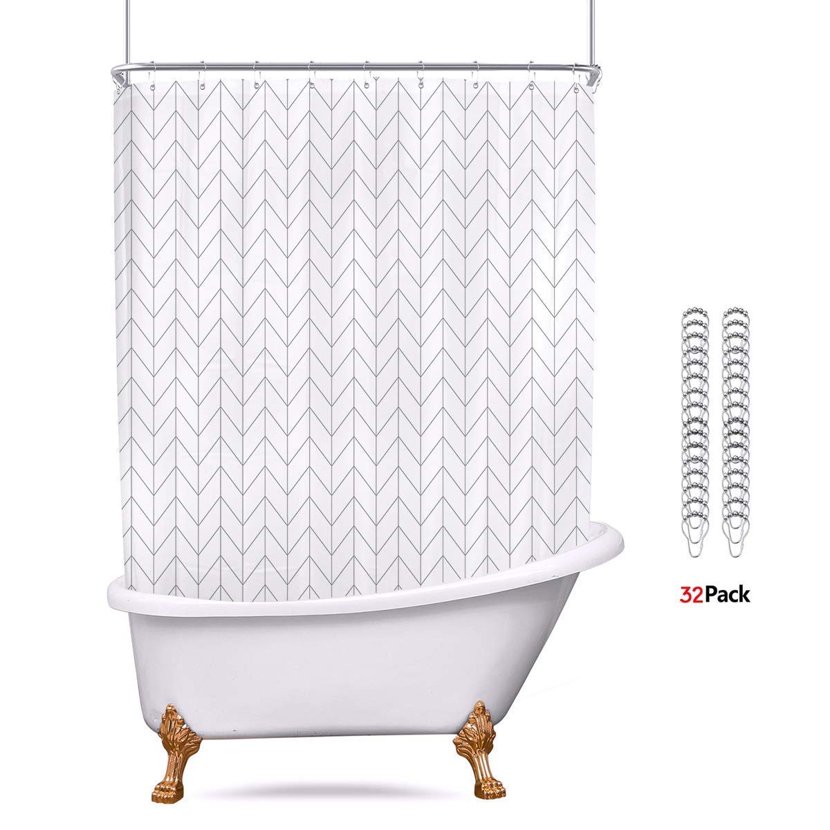Riyidecor Clawfoot Tub Chevron Shower Curtain 180x70 Inch All Around Bathtub Wrap Around White Herringbone Round Freestanding Surround Oval Polyester Fabric Extra Wide Panel Waterproof 32 Metal Hooks