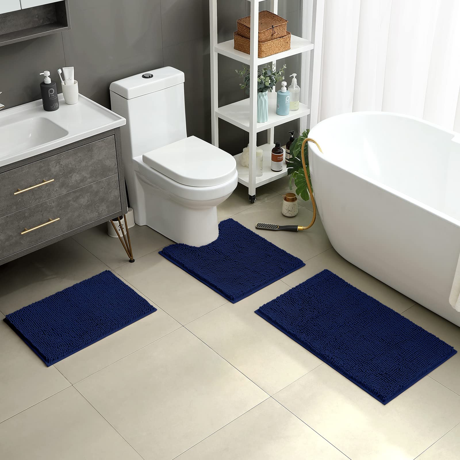 HOMEIDEAS 3 Pieces Bathroom Rugs  Ultra Soft Non Slip Absorbent Chenille Toilet Bath Mat Set (Navy Blue)