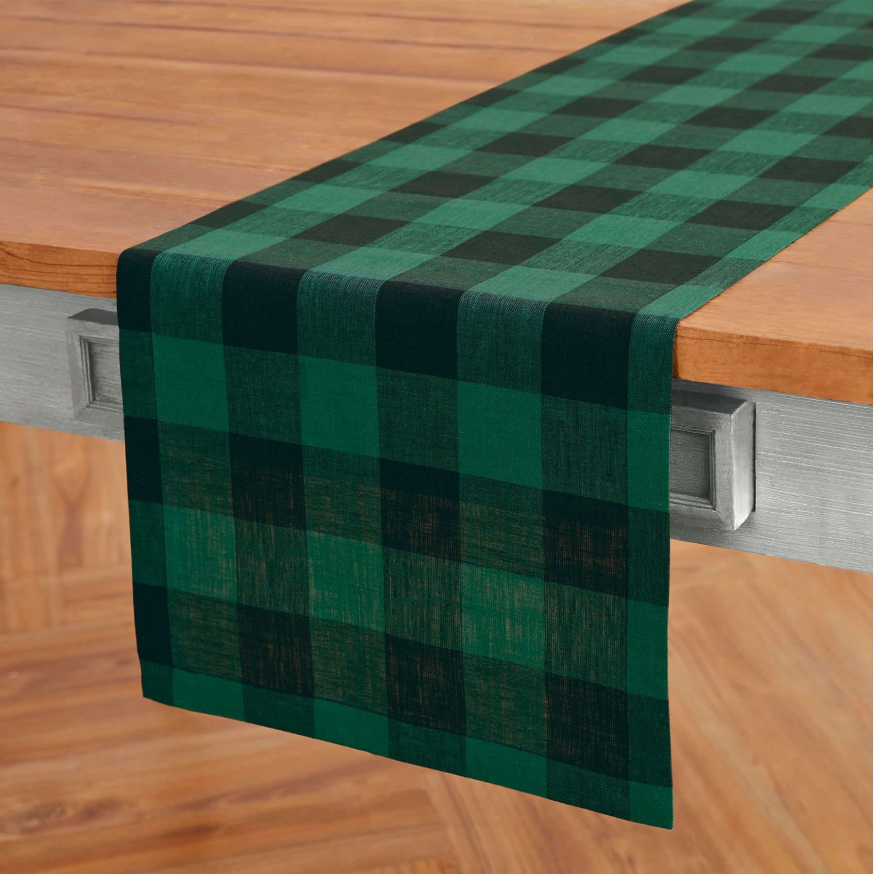 Solino Home Buffalo Check Linen Table Runner 72 Inches Long - 100% Pure Linen Green And Black Plaid Table Runner 14 X 72 Inch Id
