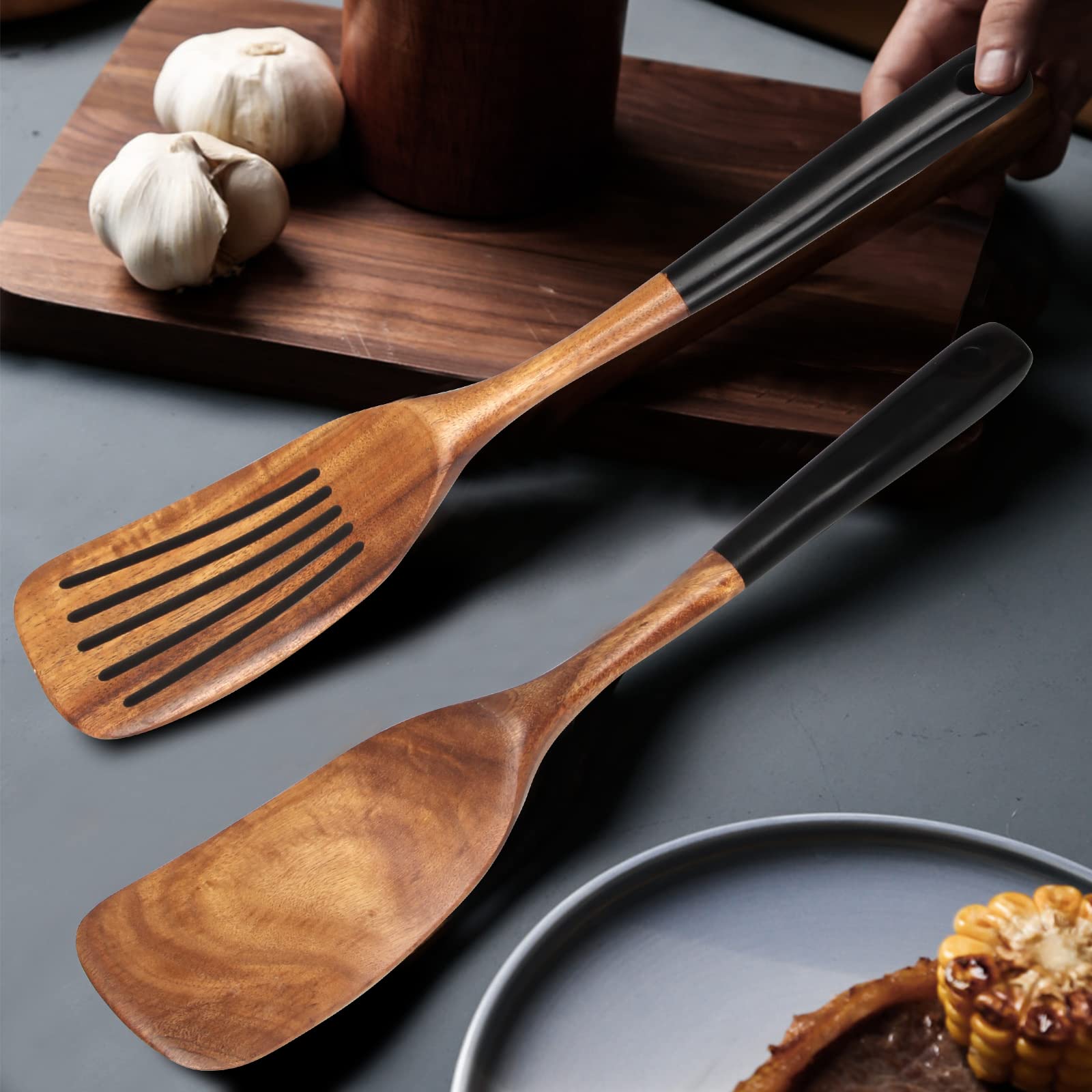 2 Pcs Best Wooden Spatula Set For Cooking Kitchen Slotted Turner Spatula Flat Wood Wok Spatula Non Stick Cooking Utensils For Fr