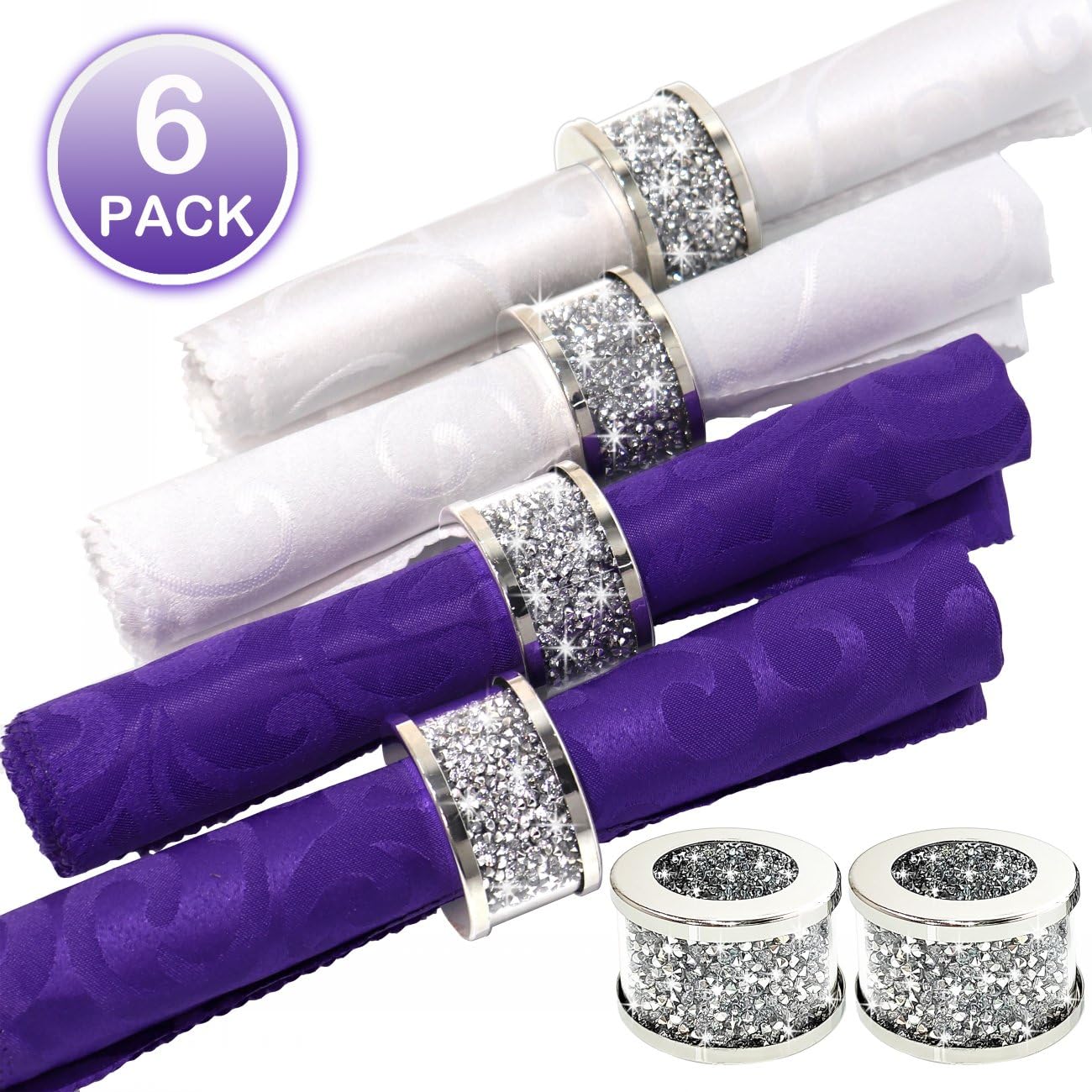 Vohjd Crystal Glass Napkin Holder Silver Diamond Napkin Rings Pack Of 6 Pieces, Glam Crushed Diamond Table Settings Bling Servie