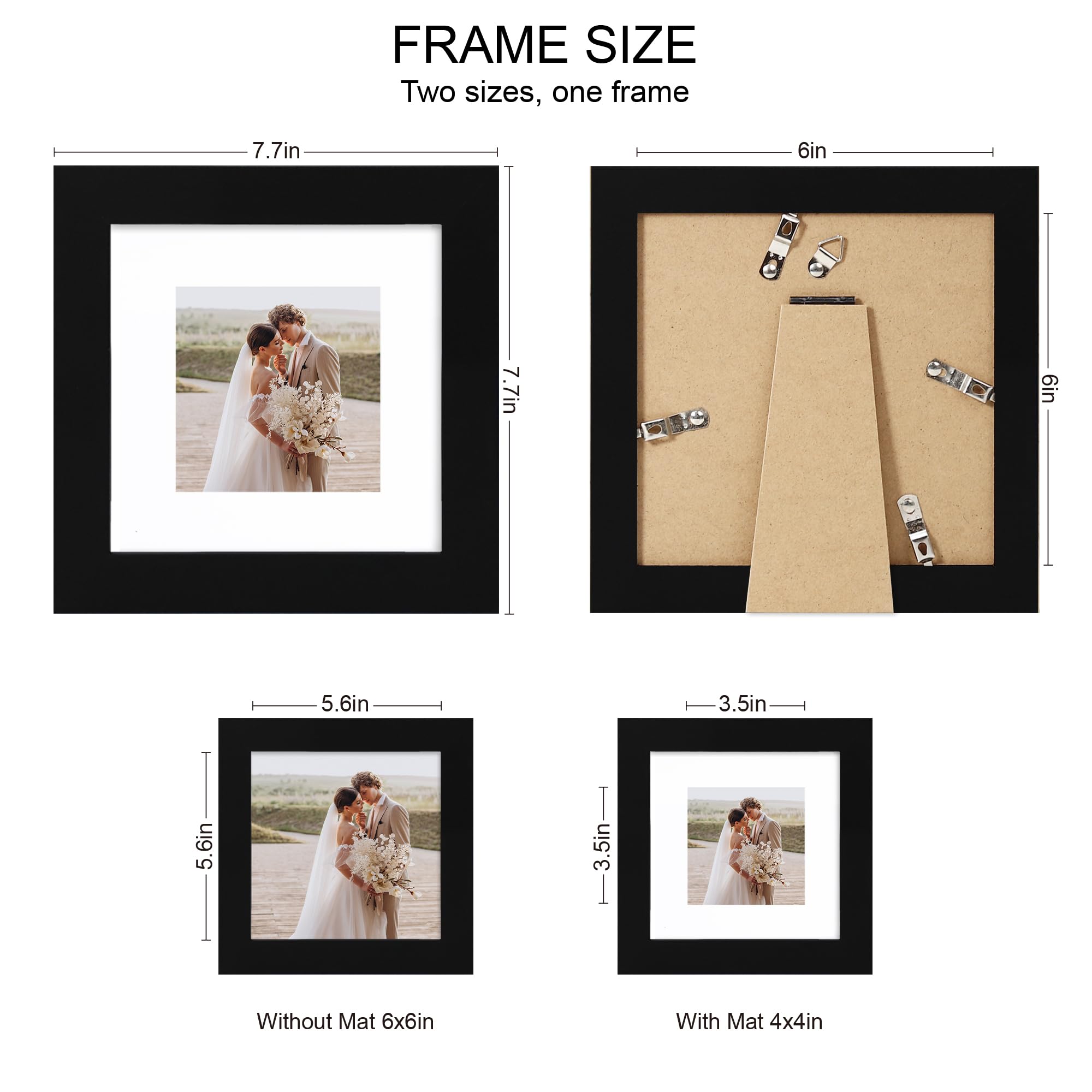 Hongkee 6x6 Picture Frame Set of 4, Made of Real Glass and Black Wooden Frame - Display Picture 4x4 with Mat or 6 x 6 Without Ma