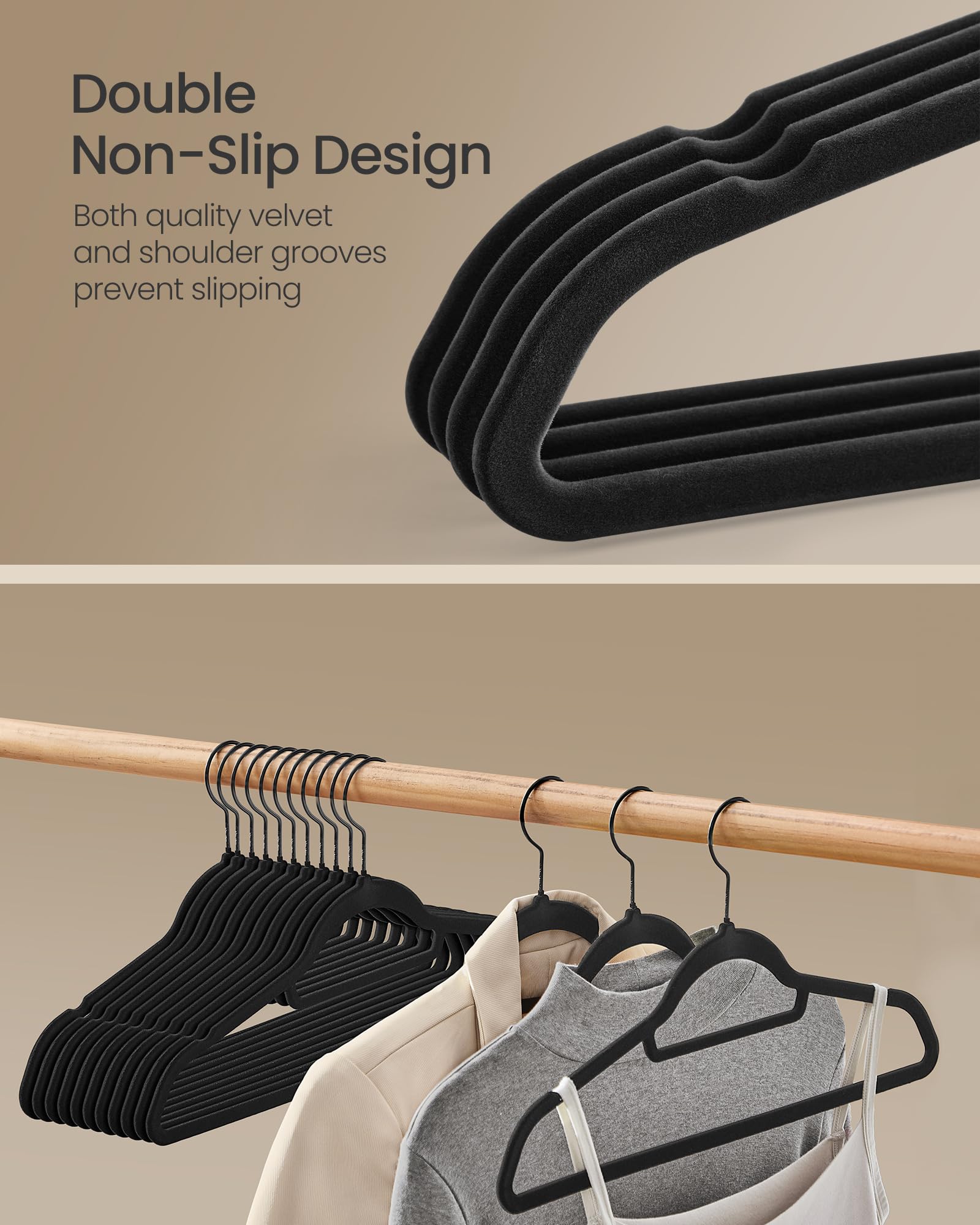 Songmics Velvet Hangers, Set Of 50 Clothes Hanger With Black Swivel Hook, Non-Slip, And Space-Saving, 0.2-Inch Thick, 17.1-Inch