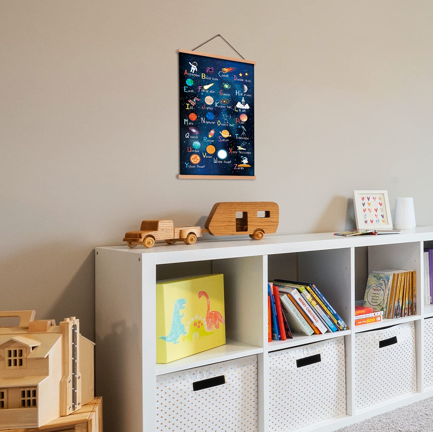 Kairne Outer Space Art Print With Wood Magnetic Poster Hanger Frame, Astronomy Alphabet Letters Canvas Wall Art,Abstract Univers