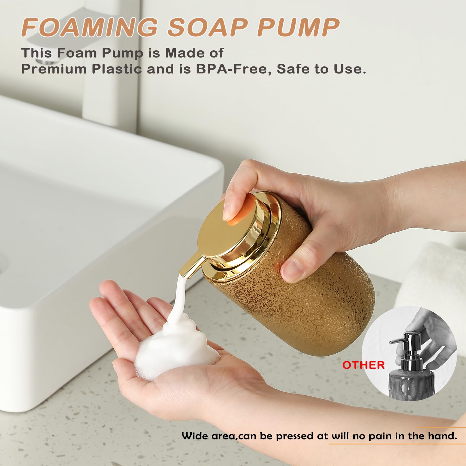 Girlufo Gold Foam Soap Dispenser,Foaming Soap Dispenser With Plastic Soap Pump For Bathroom,Ceramic Foaming Hand Soap Dispenser