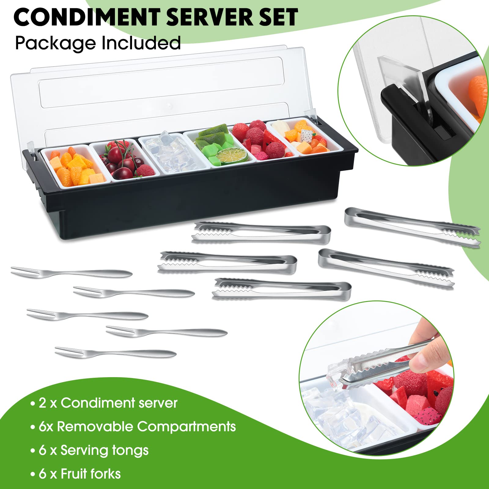 Gandeer 2 Ice Cooled Garnish Tray Deck Bar Garnish Caddy Condiment Containers With Lids And Removable Chilled Condiment Server W