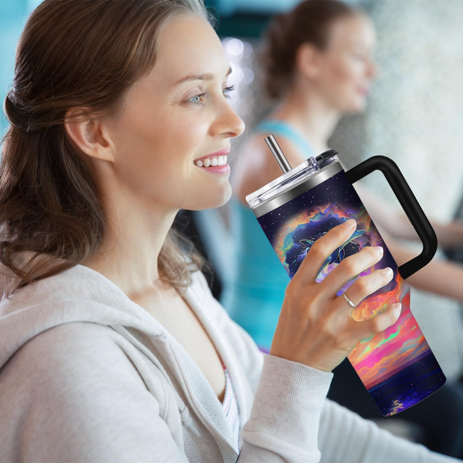 HYMONA Dolphin Tumbler 40 OZ Ocean Themed Vacuum Insulated Travel Mug, Blue Ocean Dolphin Gift Coffee Cup for Marine Lovers Chri