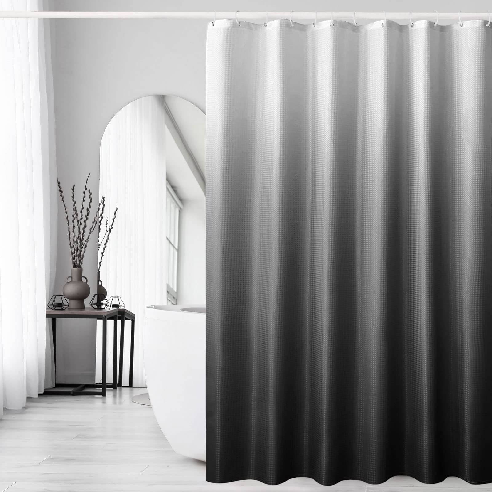 Gibelle Black Shower Curtain, Waffle Weave Ombre Fabric Shower Curtain For Bathroom, Black And White Gradual Color Washable Clot