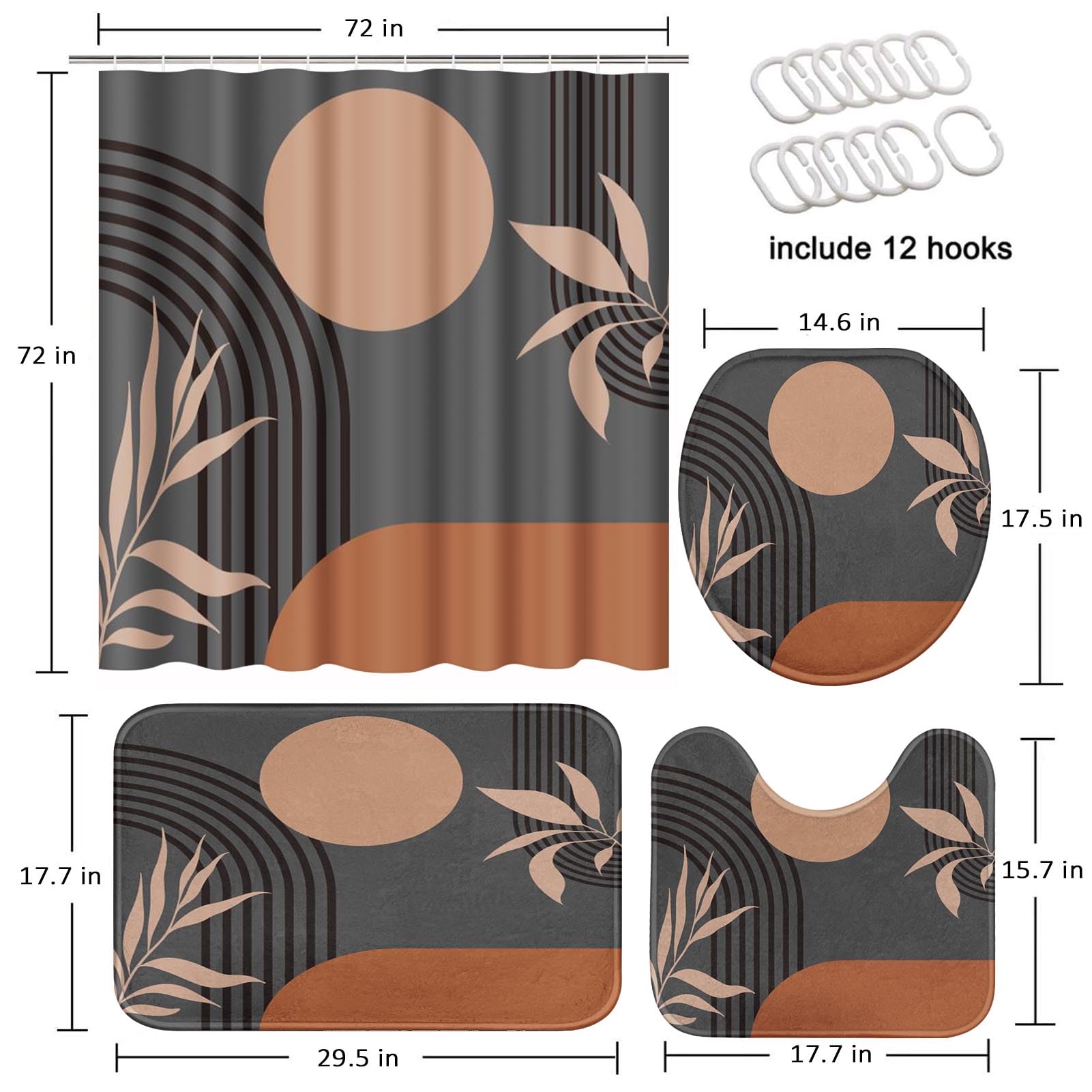 Tayney Boho Mid Century Shower Curtain Set With Toilet Lid Cover And Non-Slip Rugs, Abstract Grey Background 4 Pcs Modern Minima