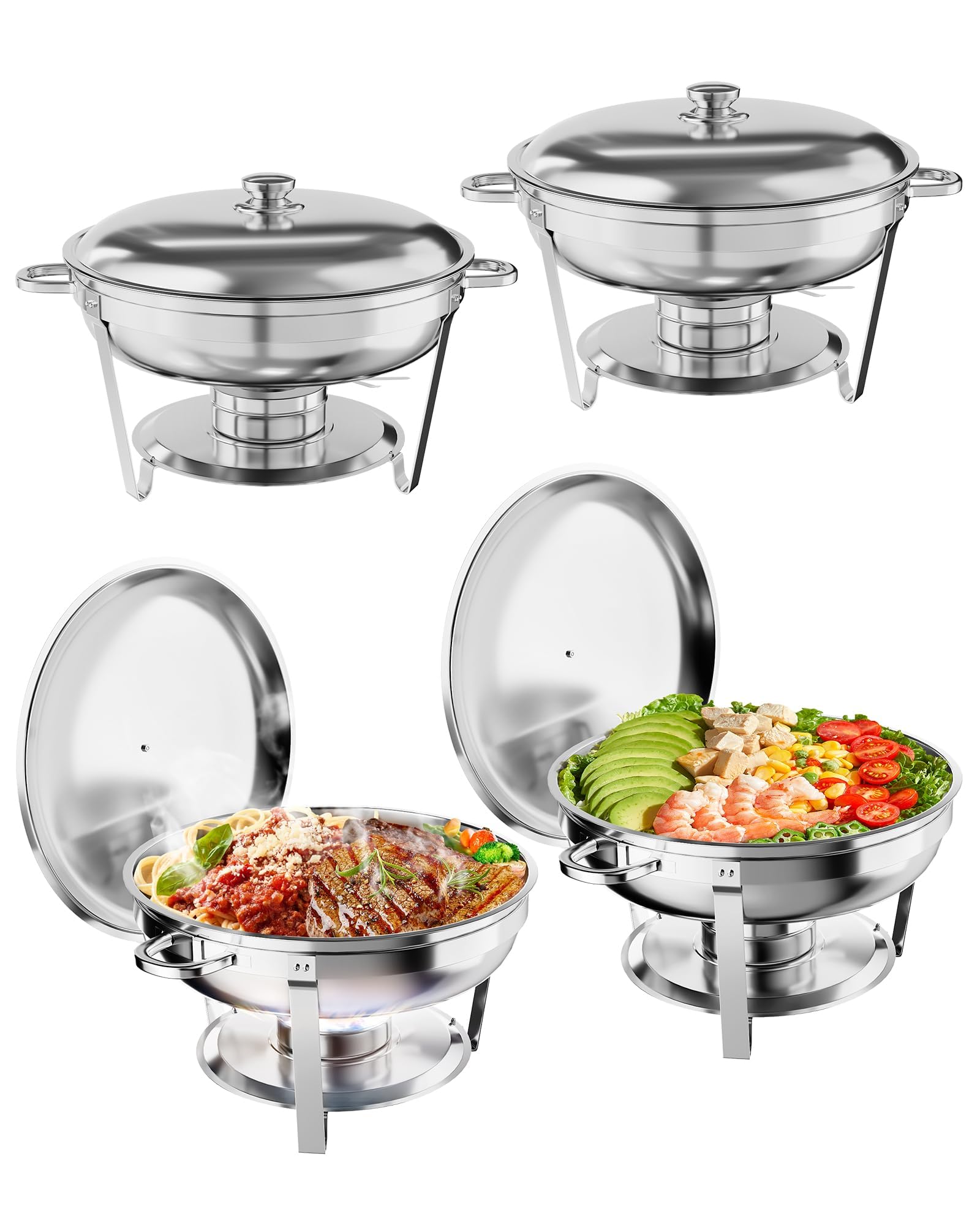 GarveeHome Chafing Dish Buffet Set 4 Pack, 5 QT Round Stainless Steel Chafer and Food Warmers With Food & Water Pan, Lid, Frame,