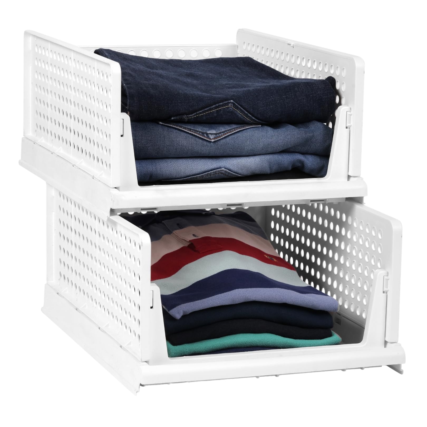 Fregi Stackable Closet Storage Organiser Bins, Perforated Plastic Shelves, Clothes, Jeans, Shirts And Wardrobe Storage System (2
