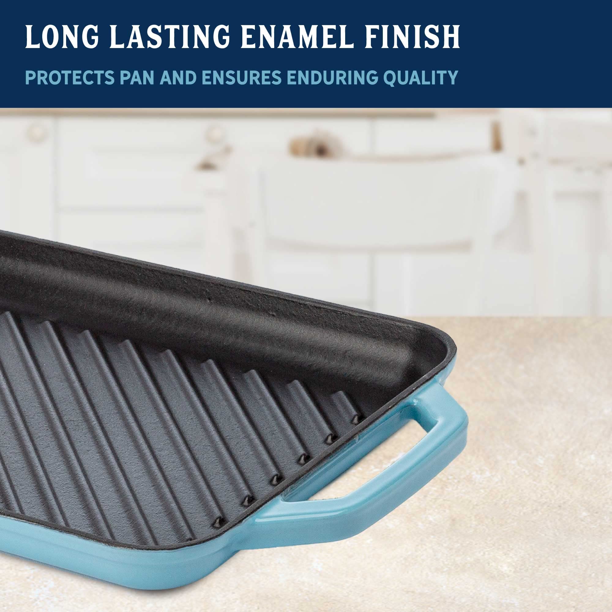 Country Living Enameled Cast Iron Grill Pan, Family Sized Rectangular Griddle, Durable Indoor And Outdoor Cookware, 17'' X 9.5''