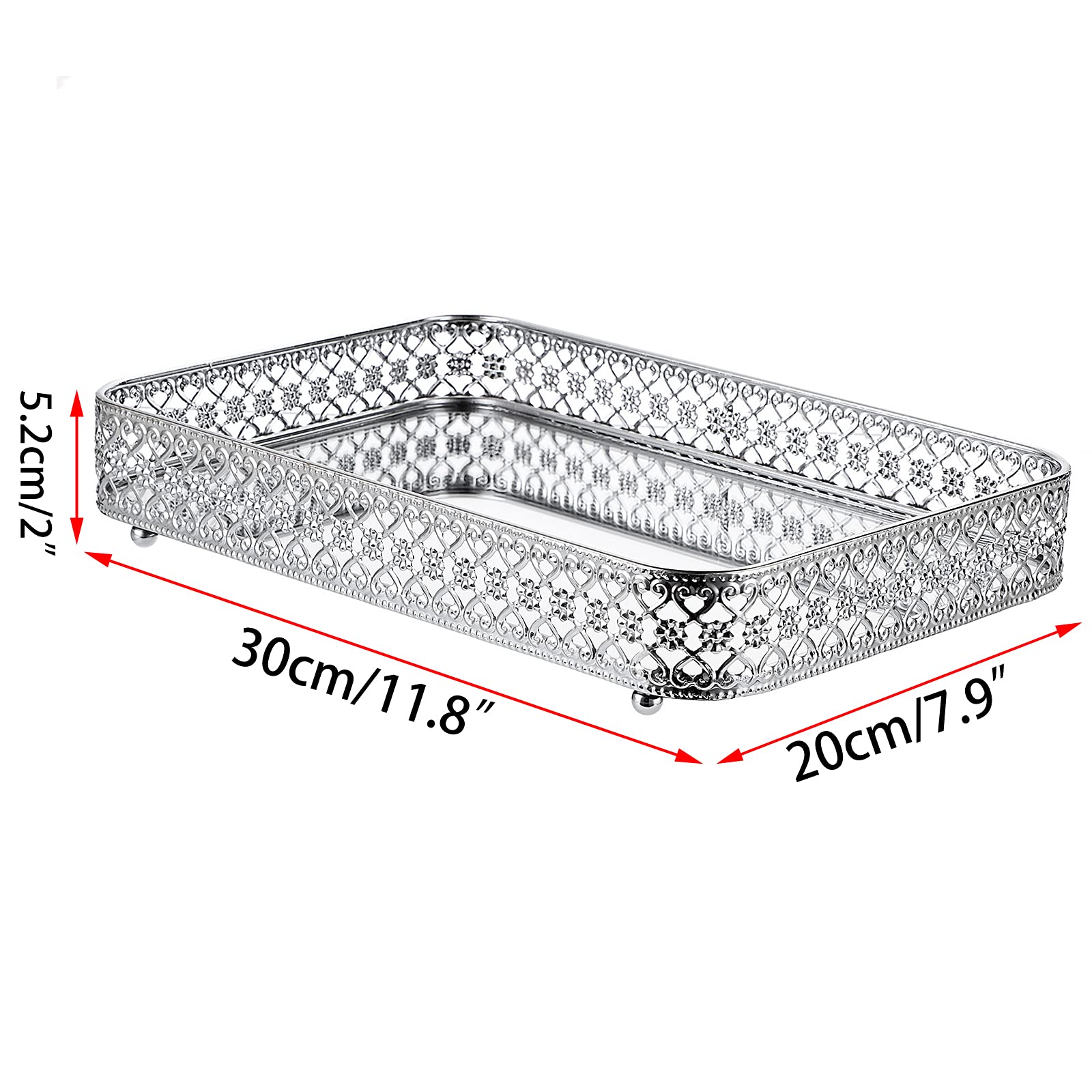 Elldoo Perfume Tray Mirror Tray Vanity Makeup Hollow-Carved Jewelry Tray Glass Metal Trinket Storage Tray Home Decor Organizer T
