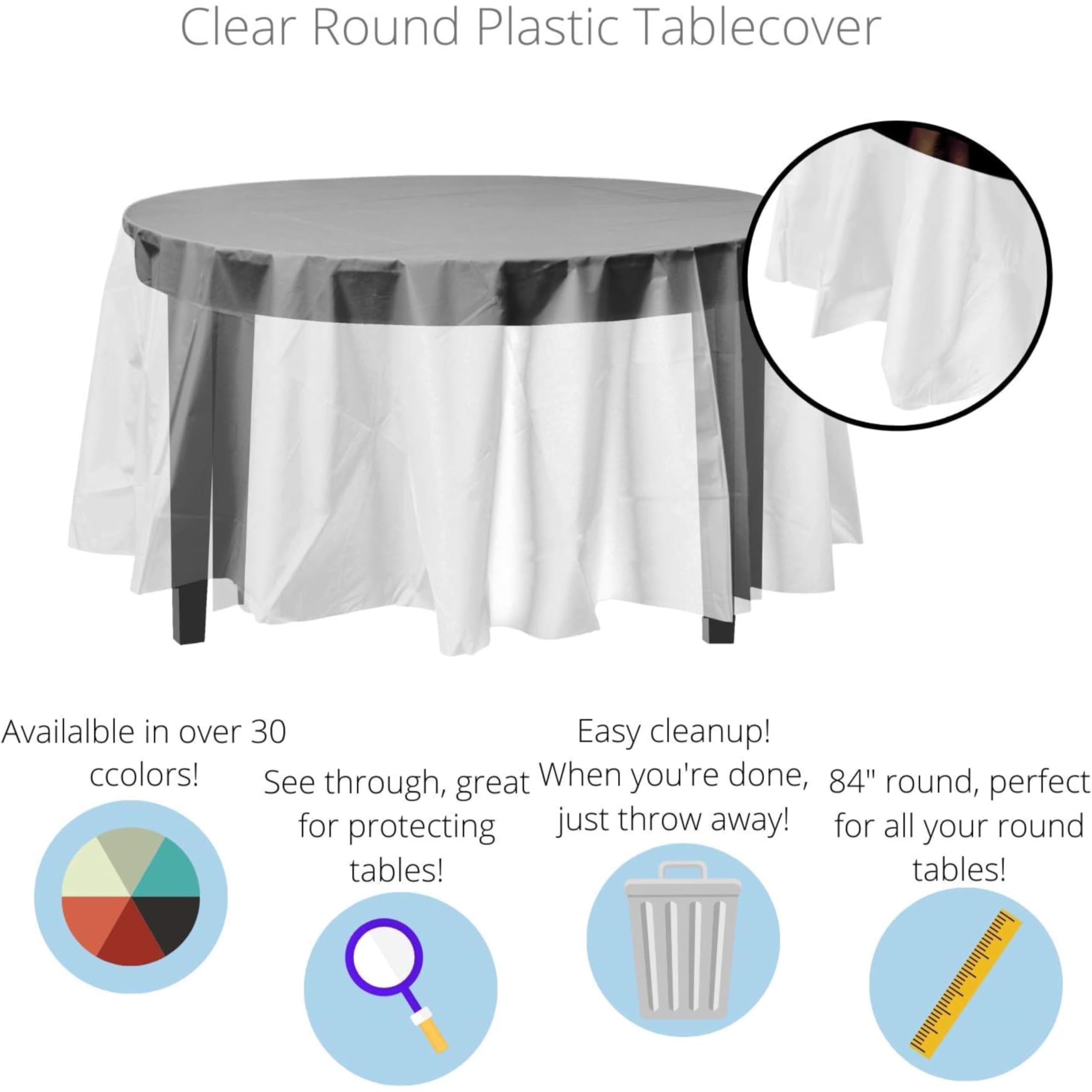 Exquisite 12-Pack Premium Plastic Tablecloth 84In. Round Table Cover - Clear