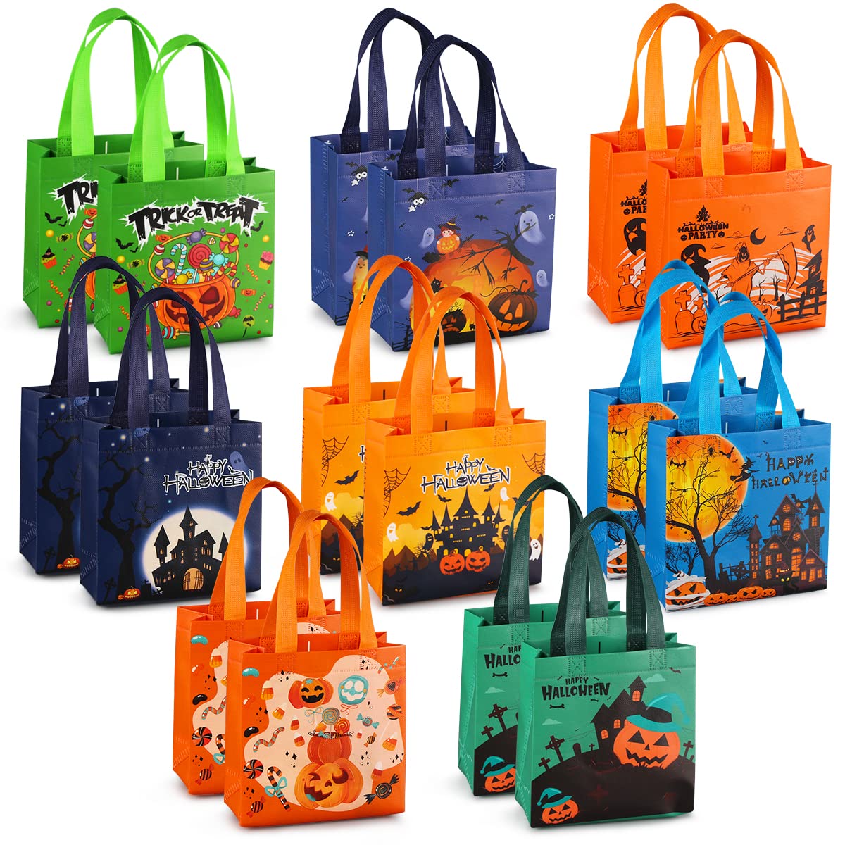 Parsup Halloween Trick Or Treat Bags, 16Pcs Small Halloween Tote Bags With Handles, Gift Bags, Multifunctional Non-Woven Hallowe