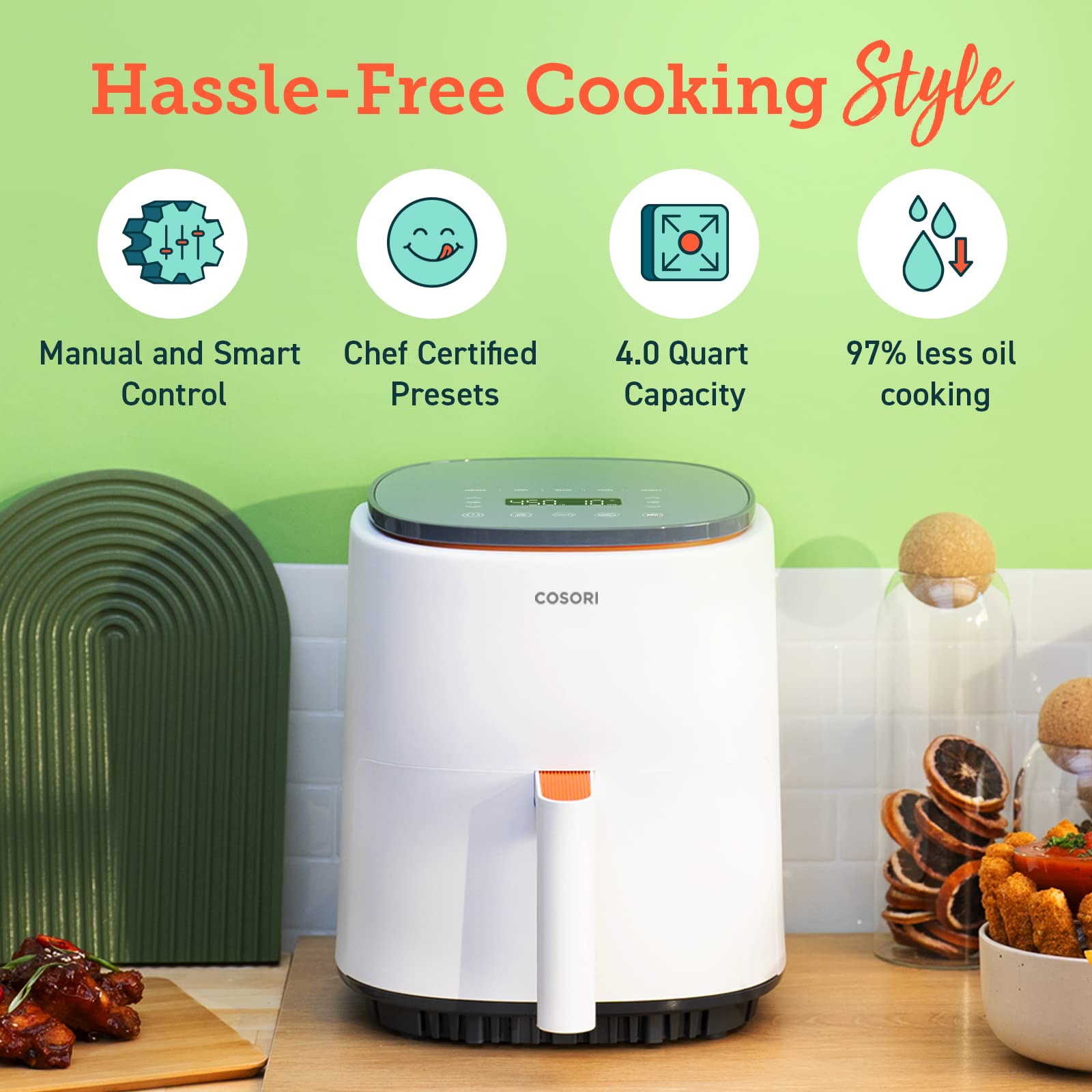 COSORI Air Fryer 4 Qt  7 Cooking Functions Airfryer  150+ Recipes on Free App  97% less fat Freidora de Aire  Dishwasher-safe  Designed for 1-3 People  Lite 4.0-Quart Smart Air Fryer  White