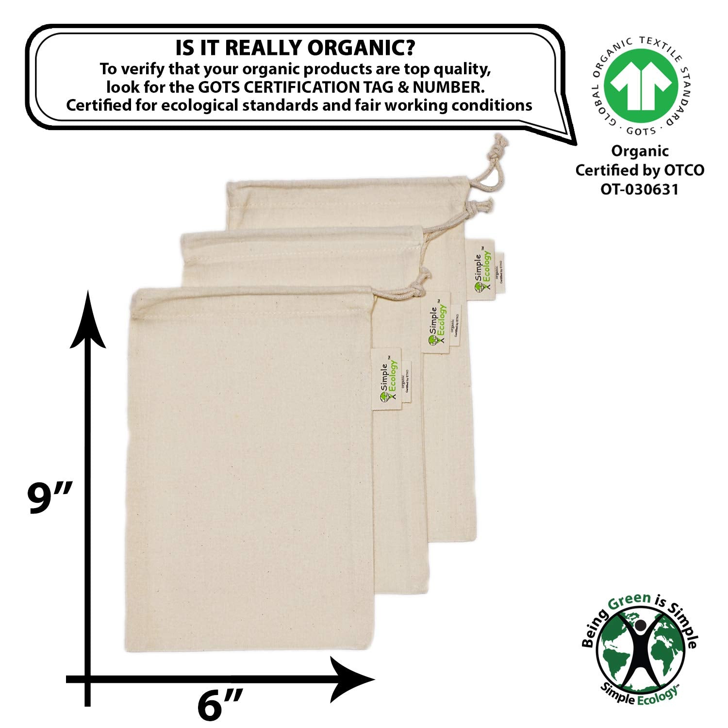 Simple Ecology Reusable Grocery Produce Shopping And Storage Bags, Organic Cotton Muslin, Xsmall 3 Pack