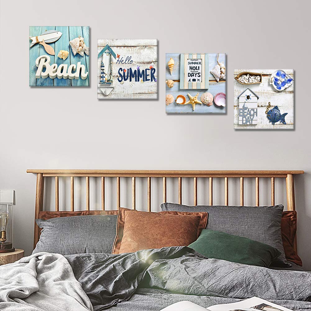 Artscope 4 Pieces Canvas Prints Wall Art - Beach Holiday Picture Painting- Modern Wall Artwork Framed For Bathroom Home Office D