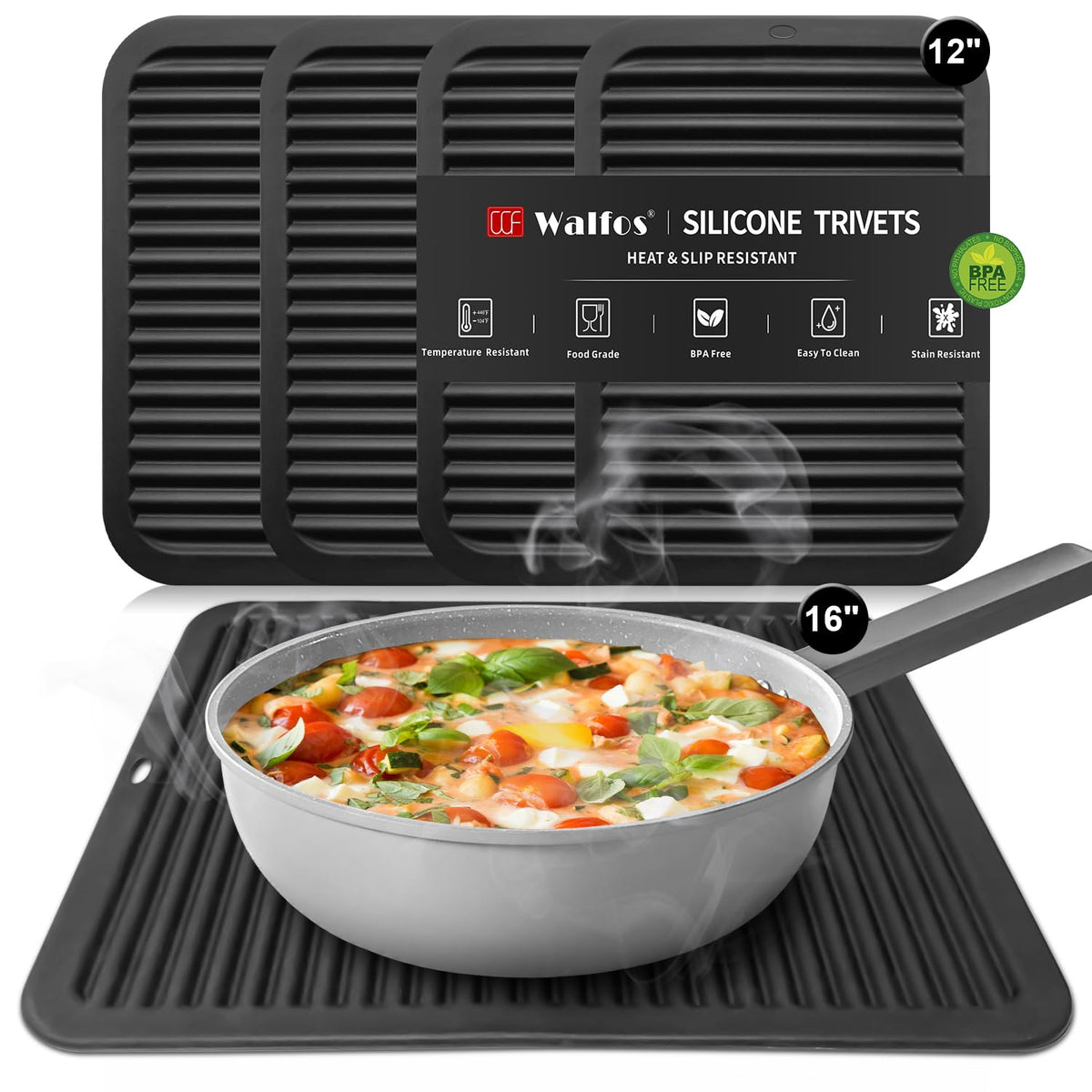 Walfos Xxl Silicone Trivet 16 Inch And Trivets Mats 12 Inch, Trivets For Hot Pots And Pans, Heat Resistant Pot Holders Hot Pads