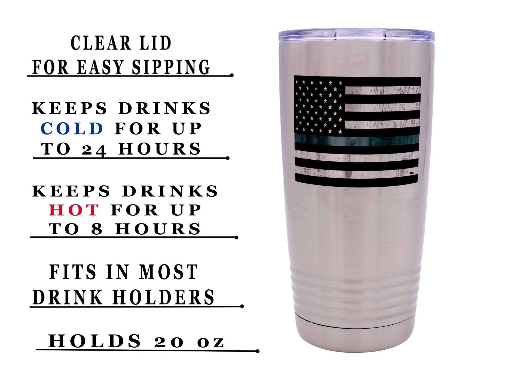 Rogue River Tactical Thin Green Line Flag Large 20 Ounce Stainless Steel Travel Tumbler Mug Cup Military Federal Law Enforcement