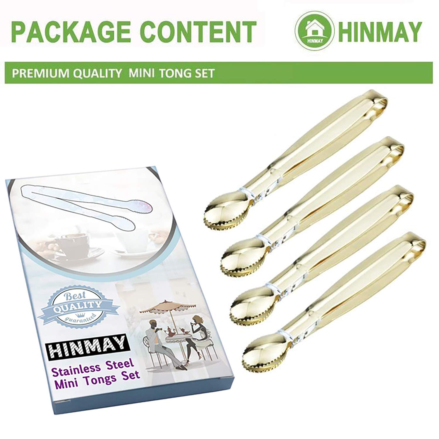 Hinmay Mini Serving Tongs 5 Inches Appetizer Tongs, Set Of 4 (Gold)