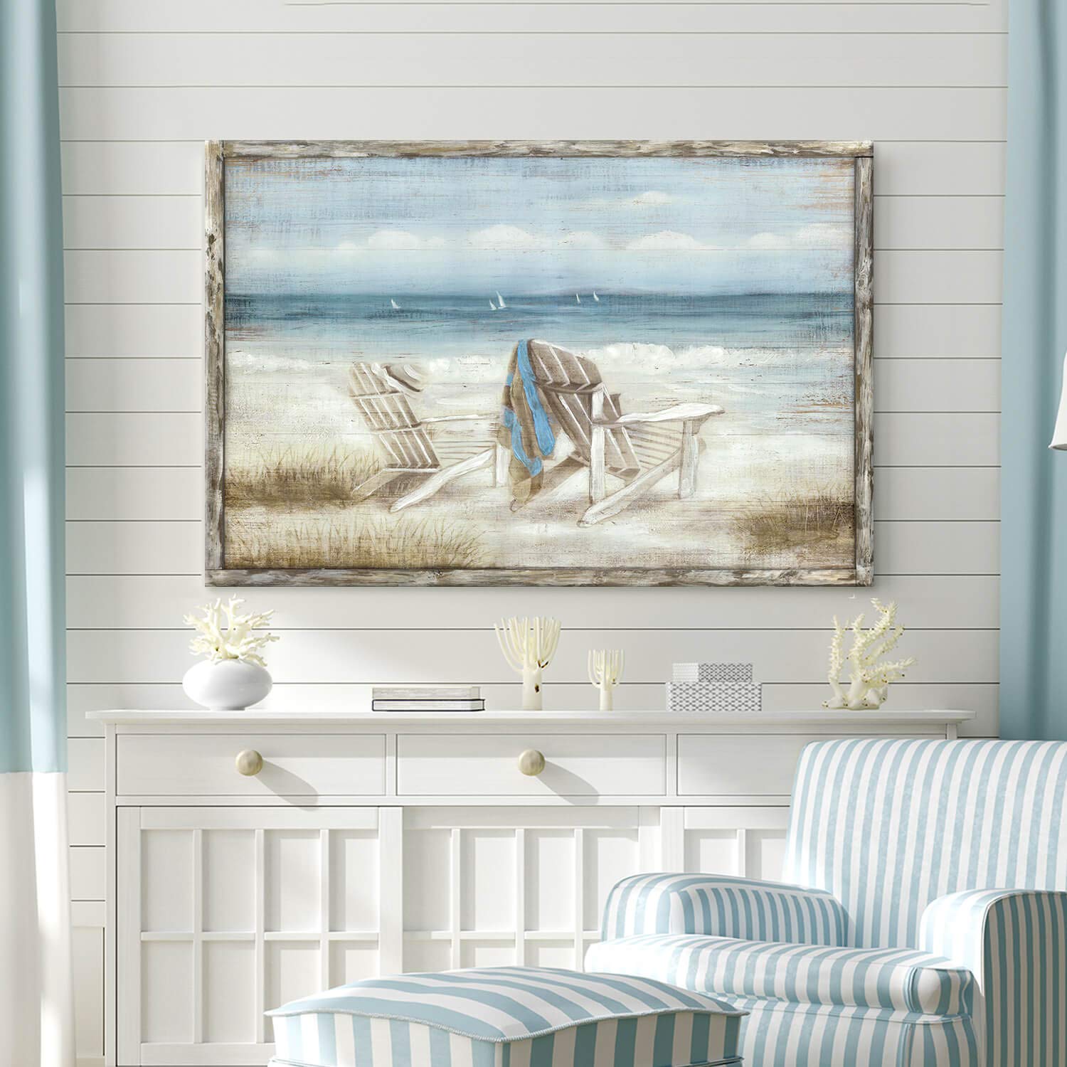 Tar Tar Studio Abstract Seascape Framed Wall Art: Beach Chair On Sand Hand Painted Painting Print For Bedroom (45'' W X 30'' H,