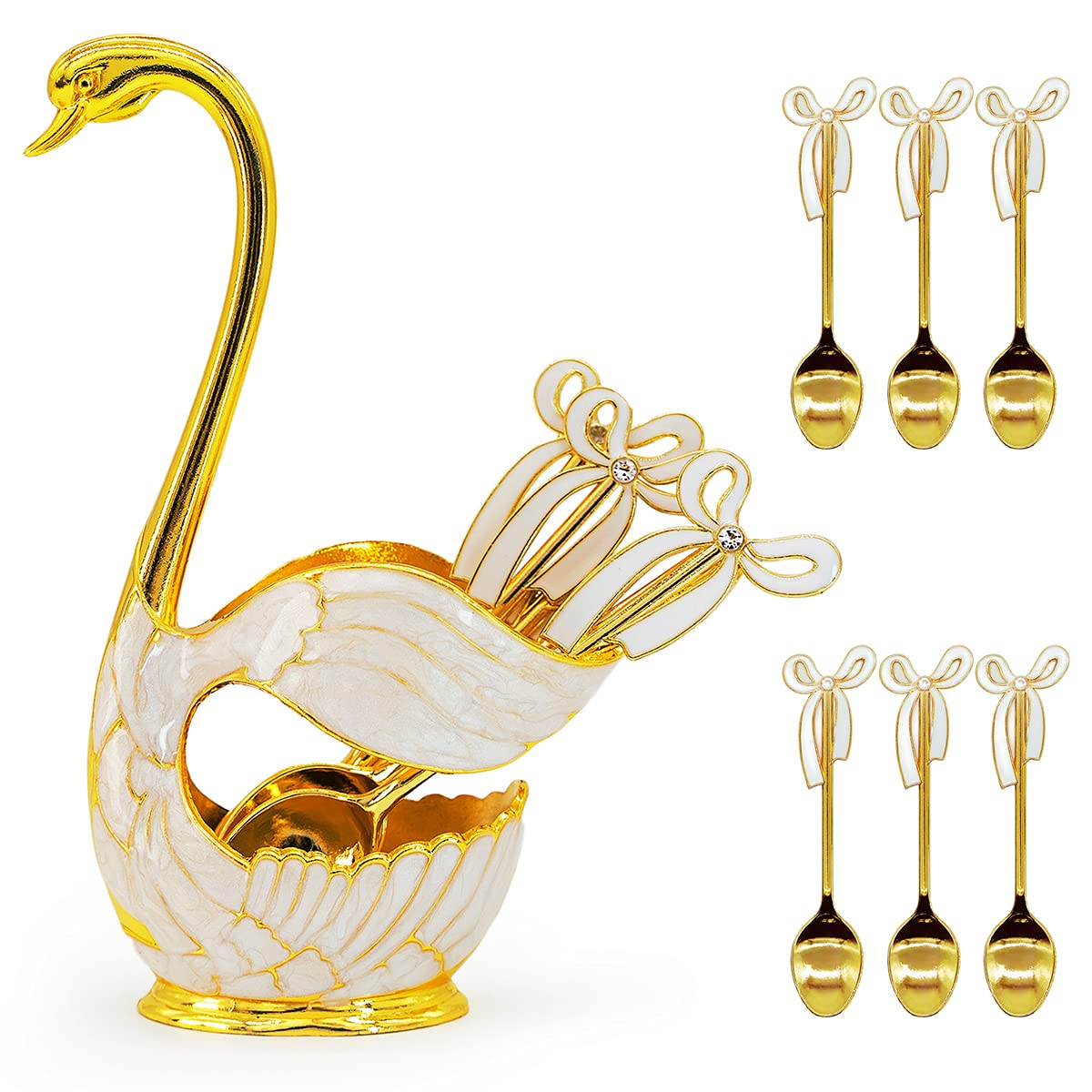 Flylin Coffee Dessert Spoon Set Metal Swan Base Holder Spoon Organizer With 6Pcs Ice Cream Spoons Teaspoons Coffee Dessert Flatw