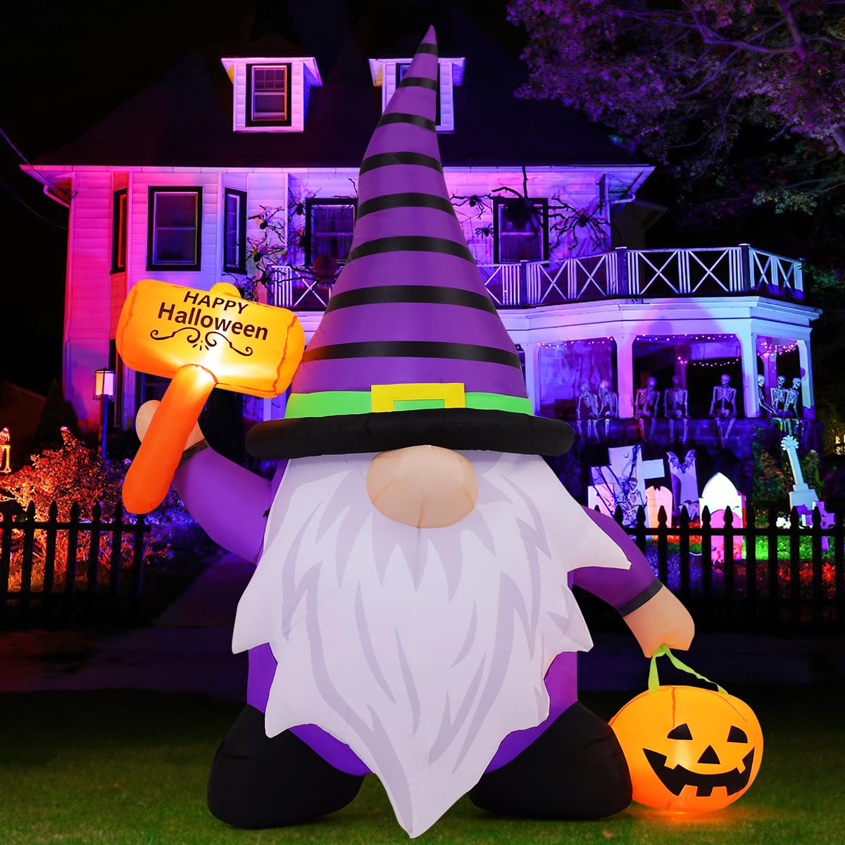GOOSH 6.7 FT Halloween Gnome Inflatables Outdoor Decorations, Halloween Gnome Blow Up Yard Decorations Built-in LED Lights for H