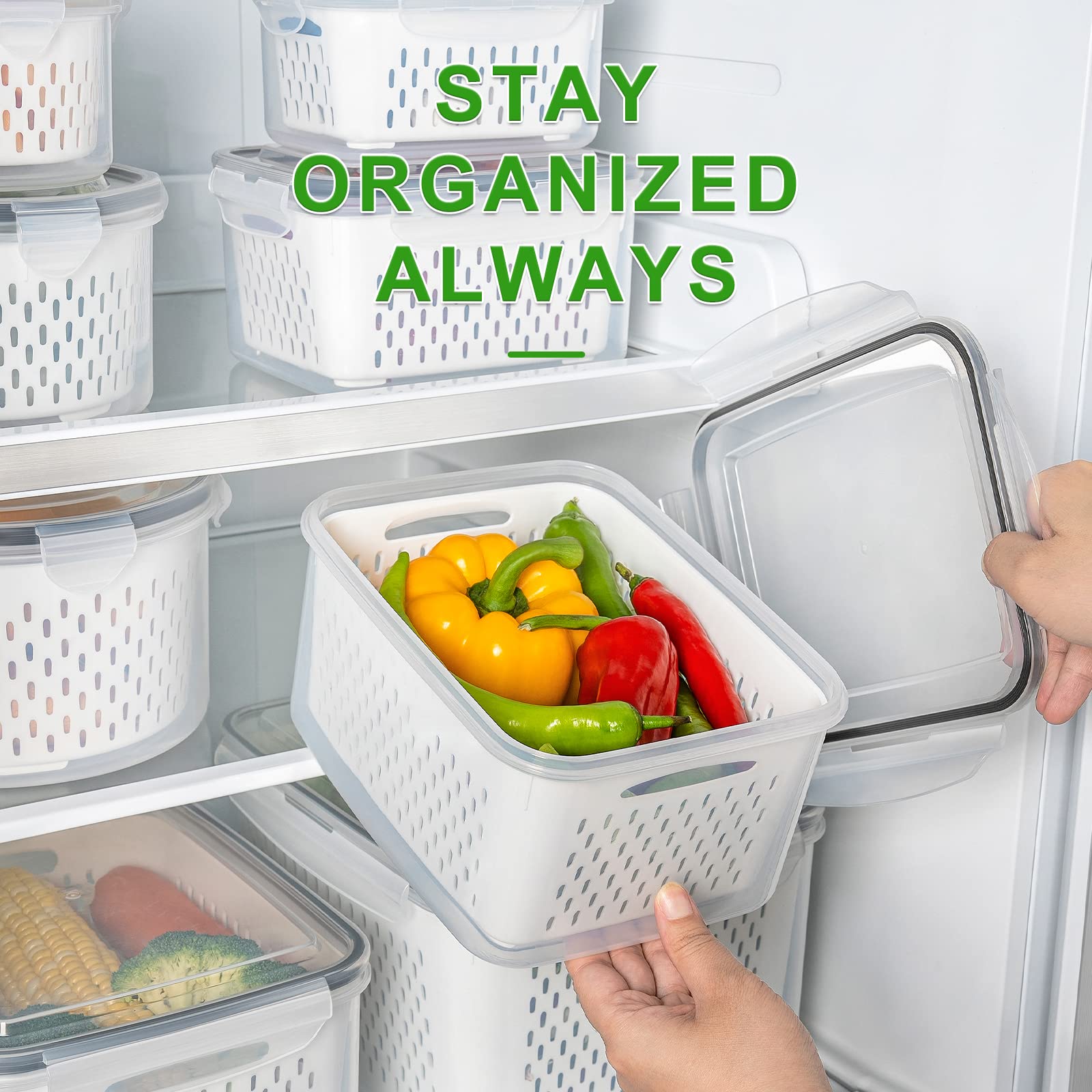 5 PCS Large Fruit Containers for Fridge - Leakproof Food Storage Containers with Removable Colander - Dishwasher & microwave safe Produce Containers Keep Fruits  Vegetables  Berry  Meat Fresh longer