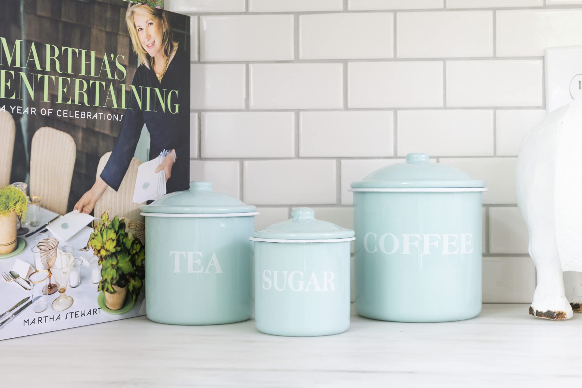 Creative Co-Op Metal Containers With Lids, Coffee, Tea, Sugar (Set Of 3 Sizes/Designs) Food Storage, Mint Green