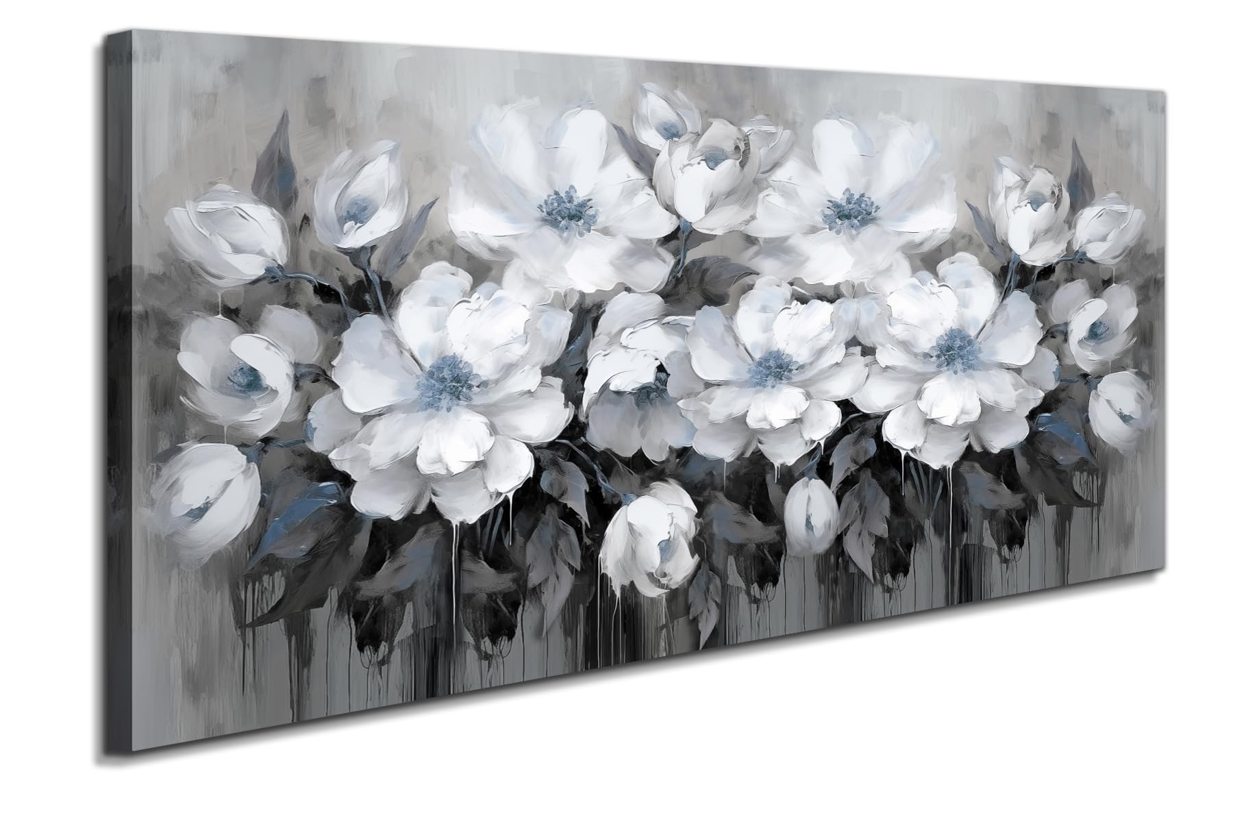 Anzhongart Living Room Wall Art,Flower Wall Art,Canvas Wall Art,Big Wall Art Gray And White And Blue Flower Wall Art-Floral Canv