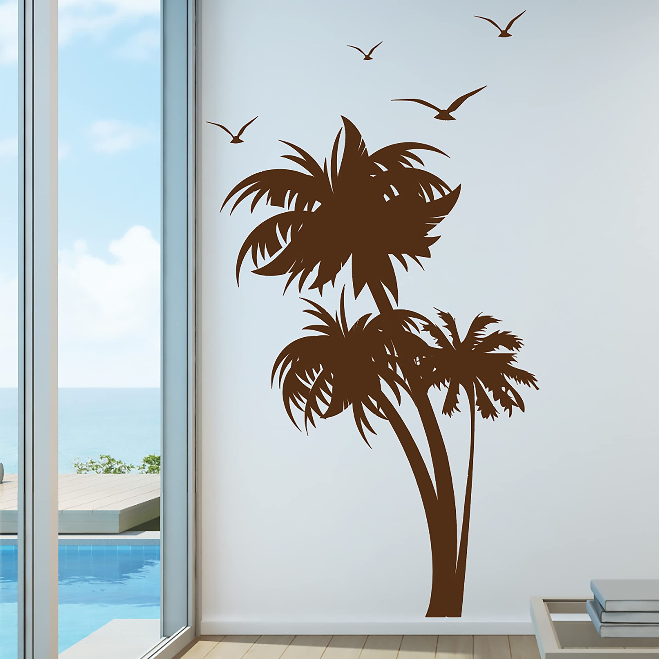 Innovative Stencils 1132 84 Mbrown Mirror Palm Coconut Tree Nursery Wall Decal With Seagull Birds, Brown